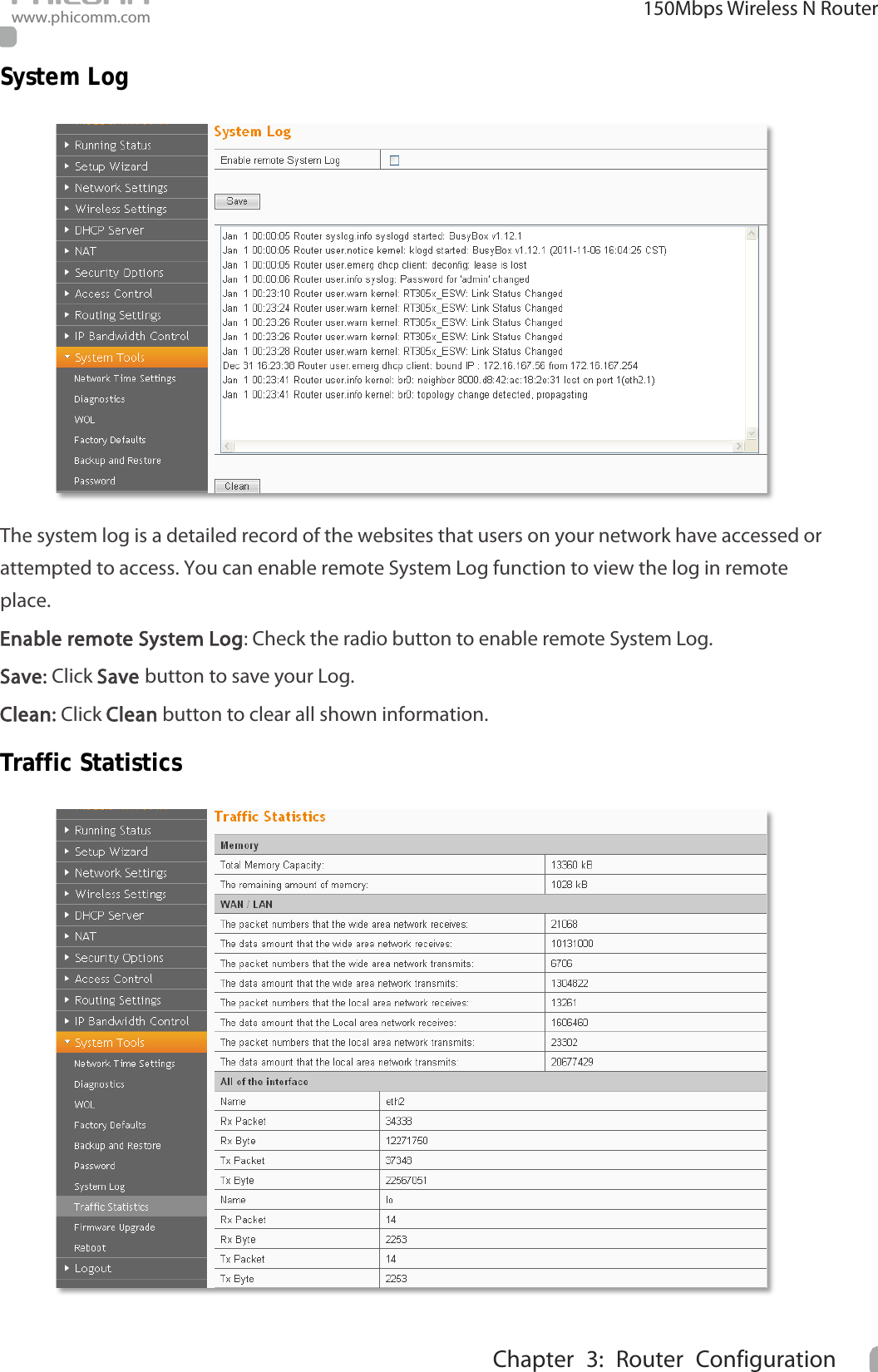                                                            150Mbps Wireless N Router www.phicomm.com 39 Chapter 3: Router Configuration  System Log  The system log is a detailed record of the websites that users on your network have accessed or attempted to access. You can enable remote System Log function to view the log in remote place. Enable remote System Log: Check the radio button to enable remote System Log. Save: Click Save button to save your Log. Clean: Click Clean button to clear all shown information. Traffic Statistics    