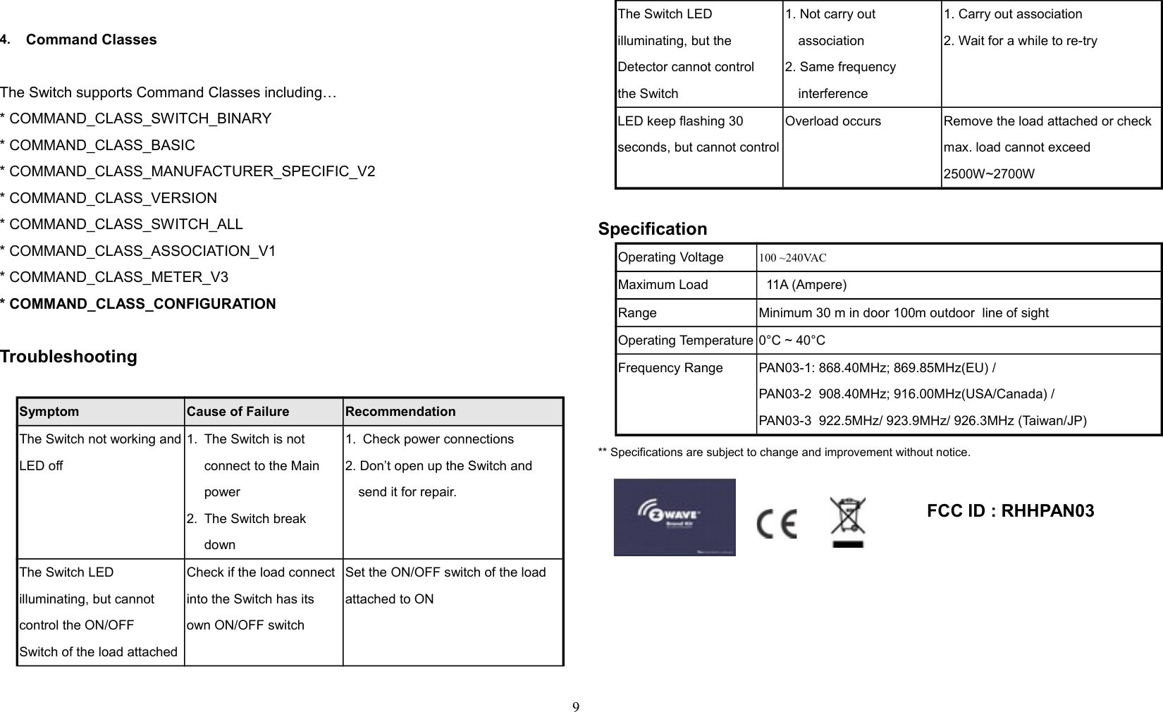 4. Command ClassesThe Switch supports Command Classes including…* COMMAND_CLASS_SWITCH_BINARY* COMMAND_CLASS_BASIC* COMMAND_CLASS_MANUFACTURER_SPECIFIC_V2* COMMAND_CLASS_VERSION* COMMAND_CLASS_SWITCH_ALL* COMMAND_CLASS_ASSOCIATION_V1* COMMAND_CLASS_METER_V3* COMMAND_CLASS_CONFIGURATIONTroubleshooting                 Symptom Cause of Failure RecommendationThe Switch not working andLED off1. The Switch is not connect to the Main power2. The Switch break down1. Check power connections2. Don’t open up the Switch and send it for repair.The Switch LED illuminating, but cannot control the ON/OFFSwitch of the load attachedCheck if the load connect into the Switch has its own ON/OFF switchSet the ON/OFF switch of the load attached to ONThe Switch LED illuminating, but the Detector cannot controlthe Switch1. Not carry out association2. Same frequency interference1. Carry out association2. Wait for a while to re-tryLED keep flashing 30 seconds, but cannot controlOverload occurs Remove the load attached or check max. load cannot exceed 2500W~2700WSpecificationOperating Voltage 100 ~240VACMaximum Load   11A (Ampere)Range Minimum 30 m in door 100m outdoor  line of sightOperating Temperature 0°C ~ 40°CFrequency Range PAN03-1: 868.40MHz; 869.85MHz(EU) /PAN03-2  908.40MHz; 916.00MHz(USA/Canada) / PAN03-3  922.5MHz/ 923.9MHz/ 926.3MHz (Taiwan/JP)** Specifications are subject to change and improvement without notice.                                                                  FCC ID : RHHPAN03  9