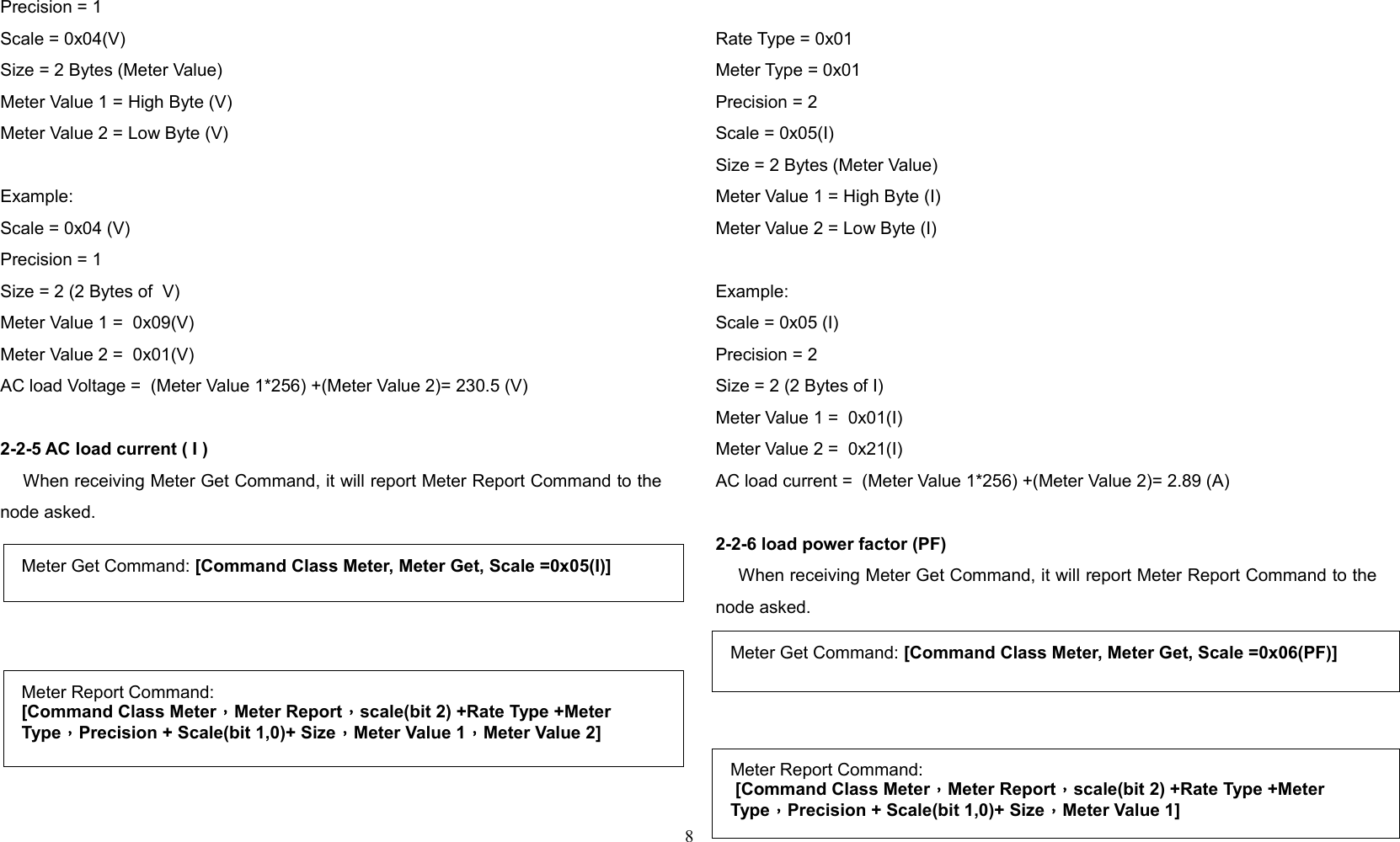 Precision = 1Scale = 0x04(V)Size = 2 Bytes (Meter Value)Meter Value 1 = High Byte (V)Meter Value 2 = Low Byte (V)Example:Scale = 0x04 (V)Precision = 1 Size = 2 (2 Bytes of  V)Meter Value 1 =  0x09(V)Meter Value 2 =  0x01(V)AC load Voltage =  (Meter Value 1*256) +(Meter Value 2)= 230.5 (V)2-2-5 AC load current ( I )    When receiving Meter Get Command, it will report Meter Report Command to thenode asked.  Rate Type = 0x01Meter Type = 0x01Precision = 2Scale = 0x05(I)Size = 2 Bytes (Meter Value)Meter Value 1 = High Byte (I)Meter Value 2 = Low Byte (I)Example:Scale = 0x05 (I)Precision = 2 Size = 2 (2 Bytes of I)Meter Value 1 =  0x01(I)Meter Value 2 =  0x21(I)AC load current =  (Meter Value 1*256) +(Meter Value 2)= 2.89 (A)2-2-6 load power factor (PF)    When receiving Meter Get Command, it will report Meter Report Command to thenode asked.8Meter Get Command: [Command Class Meter, Meter Get, Scale =0x05(I)]Meter Report Command:[Command Class Meter，Meter Report，scale(bit 2) +Rate Type +Meter Type，Precision + Scale(bit 1,0)+ Size，Meter Value 1，Meter Value 2]Meter Get Command: [Command Class Meter, Meter Get, Scale =0x06(PF)]Meter Report Command: [Command Class Meter，Meter Report，scale(bit 2) +Rate Type +Meter Type，Precision + Scale(bit 1,0)+ Size，Meter Value 1]