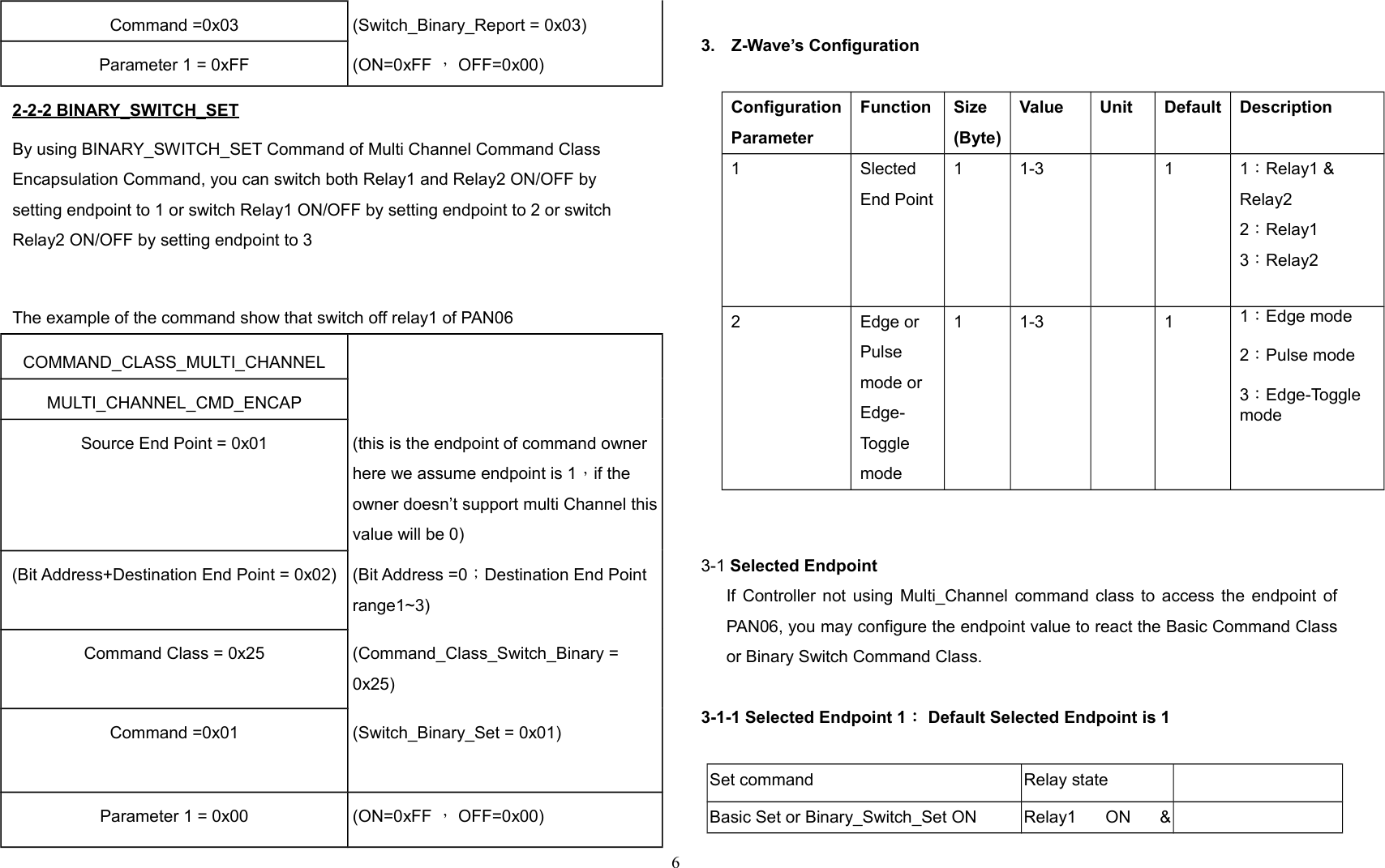 Command =0x03 (Switch_Binary_Report = 0x03)Parameter 1 = 0xFF (ON=0xFF ， OFF=0x00)2-2-2 BINARY_SWITCH_SETBy using BINARY_SWITCH_SET Command of Multi Channel Command Class Encapsulation Command, you can switch both Relay1 and Relay2 ON/OFF by setting endpoint to 1 or switch Relay1 ON/OFF by setting endpoint to 2 or switch Relay2 ON/OFF by setting endpoint to 3The example of the command show that switch off relay1 of PAN06COMMAND_CLASS_MULTI_CHANNELMULTI_CHANNEL_CMD_ENCAPSource End Point = 0x01 (this is the endpoint of command owner here we assume endpoint is 1，if the owner doesn’t support multi Channel thisvalue will be 0)(Bit Address+Destination End Point = 0x02) (Bit Address =0；Destination End Point range1~3)Command Class = 0x25 (Command_Class_Switch_Binary = 0x25)Command =0x01 (Switch_Binary_Set = 0x01)Parameter 1 = 0x00 (ON=0xFF ， OFF=0x00)3. Z-Wave’s ConfigurationConfigurationParameterFunction Size(Byte)Value Unit Default Description1 Slected End Point1 1-3 1 1：Relay1 &amp; Relay22：Relay13：Relay22 Edge or Pulse mode or Edge-Toggle mode1 1-3 1 1：Edge mode2：Pulse mode3：Edge-Toggle   mode3-1 Selected EndpointIf Controller not using Multi_Channel command class to access the endpoint ofPAN06, you may configure the endpoint value to react the Basic Command Classor Binary Switch Command Class. 3-1-1 Selected Endpoint 1： Default Selected Endpoint is 1Set command Relay stateBasic Set or Binary_Switch_Set ON Relay1   ON   &amp;6