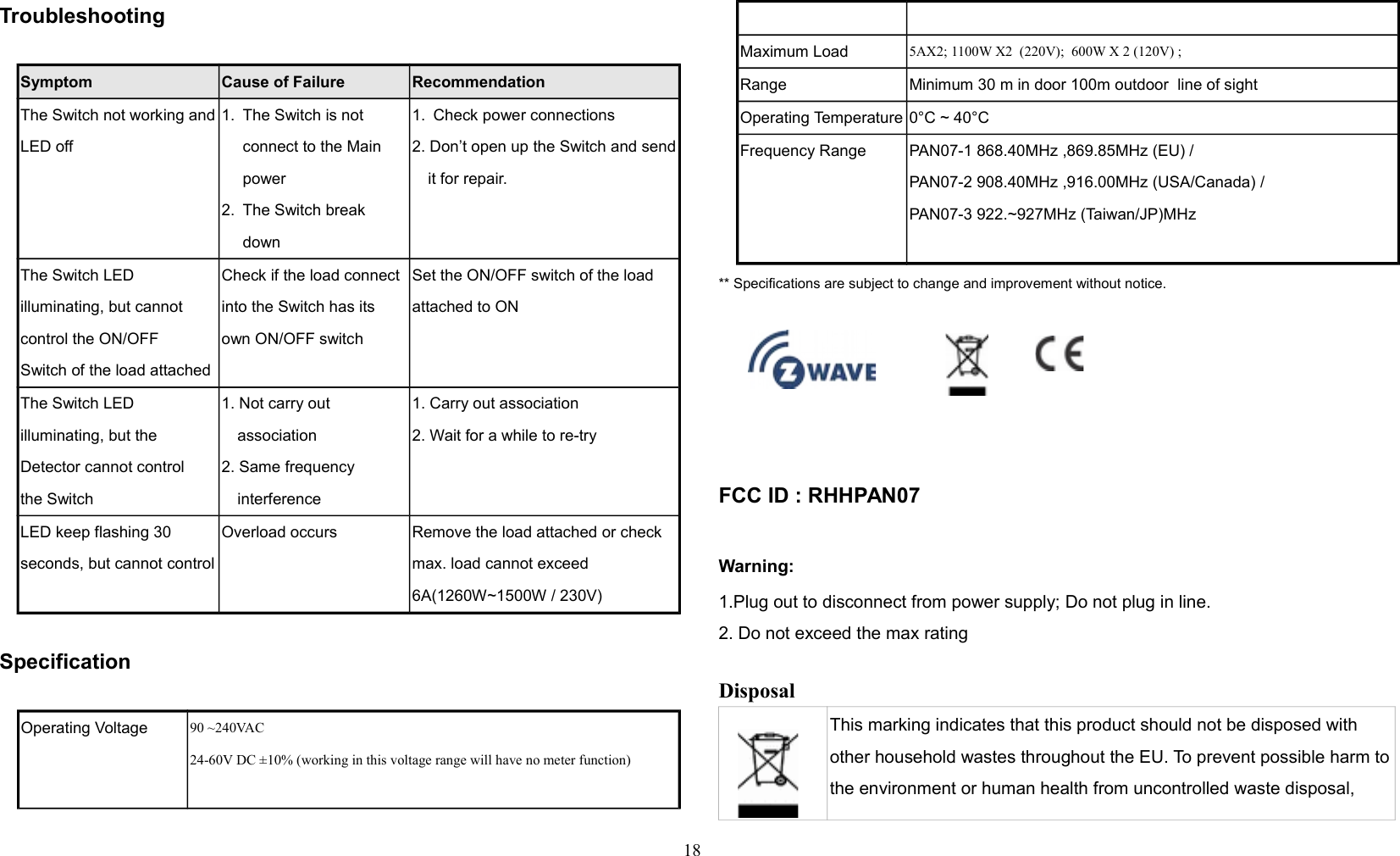Troubleshooting                 Symptom Cause of Failure RecommendationThe Switch not working andLED off1. The Switch is not connect to the Main power2. The Switch break down1. Check power connections2. Don’t open up the Switch and sendit for repair.The Switch LED illuminating, but cannot control the ON/OFFSwitch of the load attachedCheck if the load connect into the Switch has its own ON/OFF switchSet the ON/OFF switch of the load attached to ONThe Switch LED illuminating, but the Detector cannot controlthe Switch1. Not carry out association2. Same frequency interference1. Carry out association2. Wait for a while to re-tryLED keep flashing 30 seconds, but cannot controlOverload occurs Remove the load attached or check max. load cannot exceed 6A(1260W~1500W / 230V)SpecificationOperating Voltage 90 ~240VAC24-60V DC ±10% (working in this voltage range will have no meter function)Maximum Load 5AX2; 1100W X2  (220V);  600W X 2 (120V) ;Range Minimum 30 m in door 100m outdoor  line of sightOperating Temperature 0°C ~ 40°CFrequency Range PAN07-1 868.40MHz ,869.85MHz (EU) / PAN07-2 908.40MHz ,916.00MHz (USA/Canada) / PAN07-3 922.~927MHz (Taiwan/JP)MHz** Specifications are subject to change and improvement without notice.                                                                                  FCC ID : RHHPAN07  Warning:1.Plug out to disconnect from power supply; Do not plug in line. 2. Do not exceed the max rating Disposal This marking indicates that this product should not be disposed with other household wastes throughout the EU. To prevent possible harm tothe environment or human health from uncontrolled waste disposal, 18