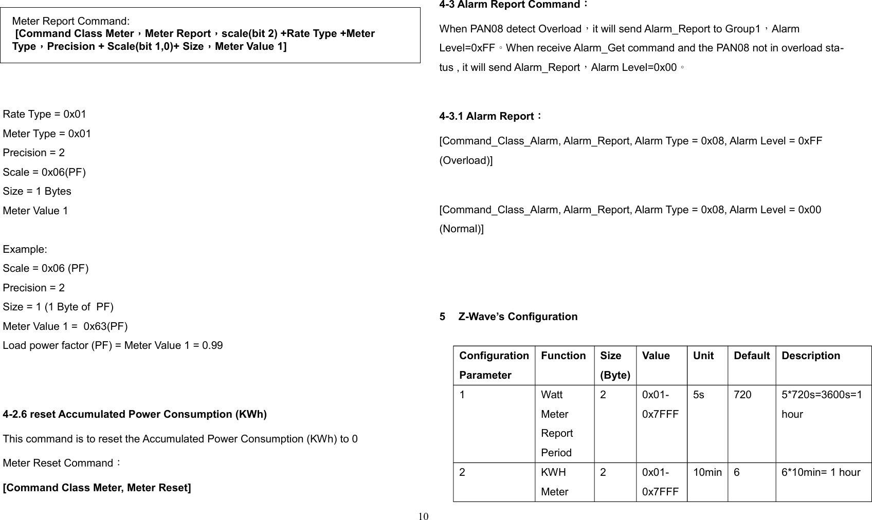Rate Type = 0x01Meter Type = 0x01Precision = 2Scale = 0x06(PF)Size = 1 Bytes Meter Value 1 Example:Scale = 0x06 (PF)Precision = 2Size = 1 (1 Byte of  PF)Meter Value 1 =  0x63(PF)Load power factor (PF) = Meter Value 1 = 0.994-2.6 reset Accumulated Power Consumption (KWh)This command is to reset the Accumulated Power Consumption (KWh) to 0Meter Reset Command：[Command Class Meter, Meter Reset]4-3 Alarm Report Command：When PAN08 detect Overload，it will send Alarm_Report to Group1，Alarm Level=0xFF。When receive Alarm_Get command and the PAN08 not in overload sta-tus , it will send Alarm_Report，Alarm Level=0x00。4-3.1 Alarm Report：[Command_Class_Alarm, Alarm_Report, Alarm Type = 0x08, Alarm Level = 0xFF (Overload)][Command_Class_Alarm, Alarm_Report, Alarm Type = 0x08, Alarm Level = 0x00 (Normal)]5 Z-Wave’s ConfigurationConfigurationParameterFunction Size(Byte)Value Unit Default Description1 Watt Meter Report  Period2 0x01-0x7FFF5s 720 5*720s=3600s=1hour2 KWH Meter 2 0x01-0x7FFF10min 6 6*10min= 1 hour10Meter Report Command: [Command Class Meter，Meter Report，scale(bit 2) +Rate Type +Meter Type，Precision + Scale(bit 1,0)+ Size，Meter Value 1]