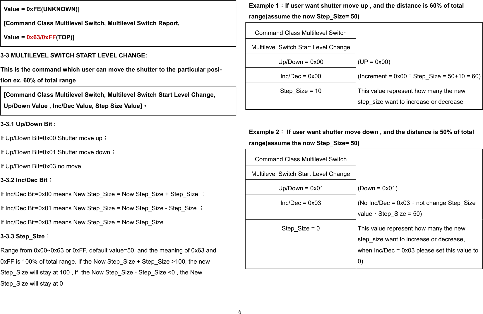 Value = 0xFE(UNKNOWN)][Command Class Multilevel Switch, Multilevel Switch Report, Value = 0x63/0xFF(TOP)]3-3 MULTILEVEL SWITCH START LEVEL CHANGE:This is the command which user can move the shutter to the particular posi-tion ex. 60% of total range[Command Class Multilevel Switch, Multilevel Switch Start Level Change, Up/Down Value , Inc/Dec Value, Step Size Value]。3-3.1 Up/Down Bit :If Up/Down Bit=0x00 Shutter move up；If Up/Down Bit=0x01 Shutter move down；If Up/Down Bit=0x03 no move3-3.2 Inc/Dec Bit：If Inc/Dec Bit=0x00 means New Step_Size = Now Step_Size + Step_Size ；If Inc/Dec Bit=0x01 means New Step_Size = Now Step_Size - Step_Size ；If Inc/Dec Bit=0x03 means New Step_Size = Now Step_Size 3-3.3 Step_Size：Range from 0x00~0x63 or 0xFF, default value=50, and the meaning of 0x63 and 0xFF is 100% of total range. If the Now Step_Size + Step_Size &gt;100, the new Step_Size will stay at 100 , if  the Now Step_Size - Step_Size &lt;0 , the New Step_Size will stay at 0Example 1：If user want shutter move up , and the distance is 60% of total range(assume the now Step_Size= 50)Command Class Multilevel SwitchMultilevel Switch Start Level ChangeUp/Down = 0x00 (UP = 0x00)Inc/Dec = 0x00 (Increment = 0x00：Step_Size = 50+10 = 60)Step_Size = 10 This value represent how many the new step_size want to increase or decreaseExample 2： If user want shutter move down , and the distance is 50% of total range(assume the now Step_Size= 50)Command Class Multilevel SwitchMultilevel Switch Start Level ChangeUp/Down = 0x01 (Down = 0x01)Inc/Dec = 0x03 (No Inc/Dec = 0x03：not change Step_Size value，Step_Size = 50)Step_Size = 0 This value represent how many the new step_size want to increase or decrease, when Inc/Dec = 0x03 please set this value to 0)6