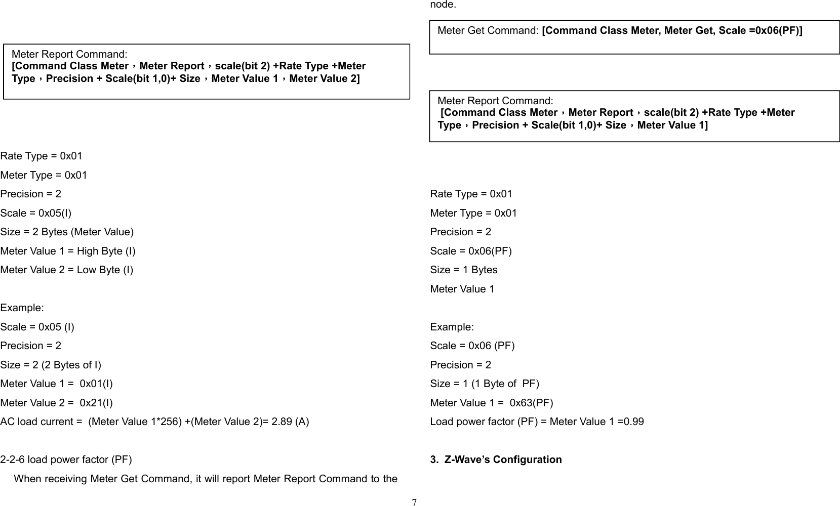   Rate Type = 0x01Meter Type = 0x01Precision = 2Scale = 0x05(I)Size = 2 Bytes (Meter Value)Meter Value 1 = High Byte (I)Meter Value 2 = Low Byte (I)Example:Scale = 0x05 (I)Precision = 2 Size = 2 (2 Bytes of I)Meter Value 1 =  0x01(I)Meter Value 2 =  0x21(I)AC load current =  (Meter Value 1*256) +(Meter Value 2)= 2.89 (A)2-2-6 load power factor (PF)    When receiving Meter Get Command, it will report Meter Report Command to thenode.Rate Type = 0x01Meter Type = 0x01Precision = 2Scale = 0x06(PF)Size = 1 Bytes Meter Value 1 Example:Scale = 0x06 (PF)Precision = 2Size = 1 (1 Byte of  PF)Meter Value 1 =  0x63(PF)Load power factor (PF) = Meter Value 1 =0.993.  Z-Wave’s Configuration7Meter Report Command:[Command Class Meter，Meter Report，scale(bit 2) +Rate Type +Meter Type，Precision + Scale(bit 1,0)+ Size，Meter Value 1，Meter Value 2]Meter Get Command: [Command Class Meter, Meter Get, Scale =0x06(PF)]Meter Report Command: [Command Class Meter，Meter Report，scale(bit 2) +Rate Type +Meter Type，Precision + Scale(bit 1,0)+ Size，Meter Value 1]
