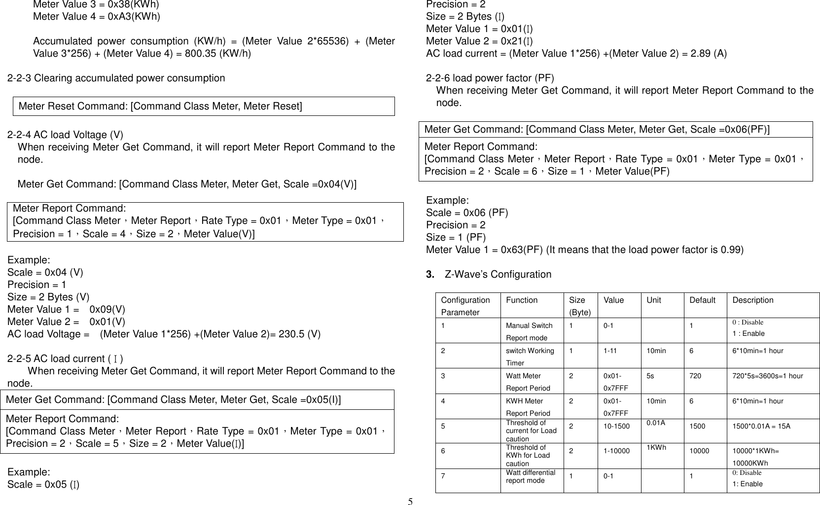 5            Meter Value 3 = 0x38(KWh)           Meter Value 4 = 0xA3(KWh)            Accumulated  power  consumption  (KW/h)  =  (Meter  Value  2*65536)  +  (Meter Value 3*256) + (Meter Value 4) = 800.35 (KW/h)  2-2-3 Clearing accumulated power consumption     Meter Reset Command: [Command Class Meter, Meter Reset]  2-2-4 AC load Voltage (V) When receiving Meter Get Command, it will report Meter Report Command to the node.  Meter Get Command: [Command Class Meter, Meter Get, Scale =0x04(V)]    Meter Report Command: [Command Class Meter，Meter Report，Rate Type = 0x01，Meter Type = 0x01，Precision = 1，Scale = 4，Size = 2，Meter Value(V)]  Example: Scale = 0x04 (V) Precision = 1  Size = 2 Bytes (V) Meter Value 1 =    0x09(V) Meter Value 2 =    0x01(V) AC load Voltage =    (Meter Value 1*256) +(Meter Value 2)= 230.5 (V)  2-2-5 AC load current ( I )         When receiving Meter Get Command, it will report Meter Report Command to the node. Meter Get Command: [Command Class Meter, Meter Get, Scale =0x05(I)] Meter Report Command: [Command Class Meter，Meter Report，Rate Type = 0x01，Meter Type = 0x01，Precision = 2，Scale = 5，Size = 2，Meter Value(I)]  Example: Scale = 0x05 (I) Precision = 2  Size = 2 Bytes (I) Meter Value 1 = 0x01(I) Meter Value 2 = 0x21(I) AC load current = (Meter Value 1*256) +(Meter Value 2) = 2.89 (A)  2-2-6 load power factor (PF)     When receiving Meter Get Command, it will report Meter Report Command to the node.  Meter Get Command: [Command Class Meter, Meter Get, Scale =0x06(PF)] Meter Report Command: [Command Class Meter，Meter Report，Rate Type = 0x01，Meter Type = 0x01，Precision = 2，Scale = 6，Size = 1，Meter Value(PF)  Example: Scale = 0x06 (PF) Precision = 2 Size = 1 (PF) Meter Value 1 = 0x63(PF) (It means that the load power factor is 0.99)  3.    Z-Wave’s Configuration  Configuration Parameter Function Size (Byte) Value Unit Default Description 1 Manual Switch Report mode 1 0-1   1 0 : Disable 1 : Enable 2 switch Working Timer 1 1-11 10min 6 6*10min=1 hour 3 Watt Meter Report Period 2 0x01- 0x7FFF 5s 720 720*5s=3600s=1 hour 4 KWH Meter Report Period 2 0x01- 0x7FFF 10min 6 6*10min=1 hour 5 Threshold of current for Load caution 2 10-1500 0.01A 1500 1500*0.01A = 15A 6 Threshold of KWh for Load caution 2 1-10000 1KWh 10000 10000*1KWh= 10000KWh 7 Watt differential report mode 1 0-1   1 0: Disable 1: Enable 