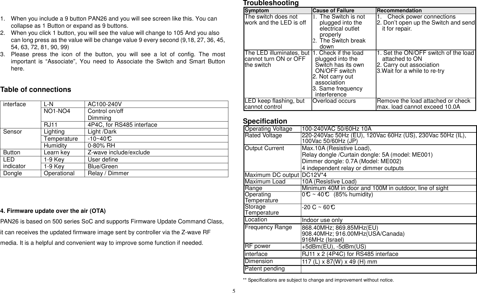5   1.  When you include a 9 button PAN26 and you will see screen like this. You can collapse as 1 Button or expand as 9 buttons. 2.  When you click 1 button, you will see the value will change to 105 And you also can long press as the value will be change value 9 every second (9,18, 27, 36, 45, 54, 63, 72, 81, 90, 99) 3.  Please  press  the  icon  of  the  button,  you  will  see  a  lot  of  config.  The  most important  is  “Associate”,  You  need  to  Associate  the  Switch  and  Smart  Button here.   Table of connections  interface  L-N  AC100-240V NO1-NO4  Control on/off Dimming RJ11  4P4C, for RS485 interface Sensor    Lighting    Light /Dark Temperature  -10~40°C Humidity    0-80% RH Button  Learn key  Z-wave include/exclude   LED indicator    1-9 Key  User define 1-9 Key    Blue/Green Dongle    Operational      Relay / Dimmer      4. Firmware update over the air (OTA) PAN26 is based on 500 series SoC and supports Firmware Update Command Class, it can receives the updated firmware image sent by controller via the Z-wave RF media. It is a helpful and convenient way to improve some function if needed.      Troubleshooting                  Symptom Cause of Failure Recommendation The switch does not work and the LED is off 1. The Switch is not plugged into the electrical outlet properly 2.  The Switch break down 1. Check power connections 2. Don’t open up the Switch and send it for repair. The LED illuminates, but cannot turn ON or OFF the switch 1. Check if the load plugged into the Switch has its own ON/OFF switch 2. Not carry out association 3. Same frequency interference 1. Set the ON/OFF switch of the load attached to ON 2. Carry out association 3.Wait for a while to re-try LED keep flashing, but cannot control Overload occurs Remove the load attached or check max. load cannot exceed 10.0A  Specification Operating Voltage 100-240VAC 50/60Hz 10A Rated Voltage  220-240Vac 50Hz (EU), 120Vac 60Hz (US), 230Vac 50Hz (IL),  100Vac 50/60Hz (JP) Output Current  Max.10A (Resistive Load), Relay dongle /Curtain dongle: 5A (model: ME001) Dimmer dongle: 0.7A (Model: ME002) 4 independent relay or dimmer outputs Maximum DC output DC12V*4 Maximum Load 10A (Resistive Load) Range Minimum 40M in door and 100M in outdoor, line of sight Operating Temperature 0°C ~ 40°C (85% humidity) Storage Temperature -20 C ~ 60°C Location  Indoor use only Frequency Range 868.40MHz; 869.85MHz(EU)   908.40MHz; 916.00MHz(USA/Canada) 916MHz (Israel) RF power  +5dBm(EU), -5dBm(US) interface  RJ11 x 2 (4P4C) for RS485 interface Dimension  117 (L) x 87(W) x 49 (H) mm Patent pending   ** Specifications are subject to change and improvement without notice.                            