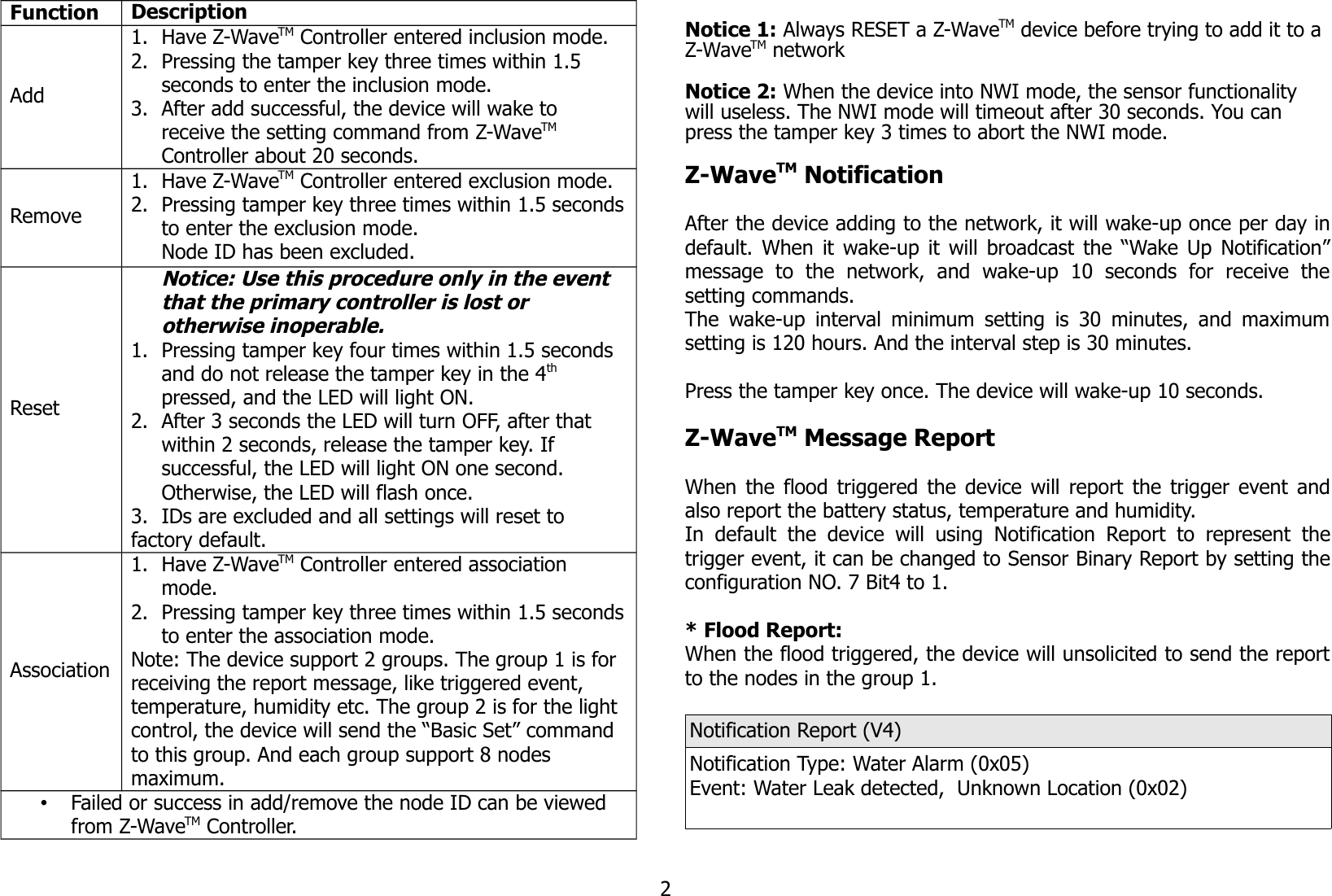 Function DescriptionAdd1. Have Z-WaveTM Controller entered inclusion mode.2. Pressing the tamper key three times within 1.5 seconds to enter the inclusion mode.3. After add successful, the device will wake to receive the setting command from Z-WaveTM Controller about 20 seconds.Remove1. Have Z-WaveTM Controller entered exclusion mode.2. Pressing tamper key three times within 1.5 secondsto enter the exclusion mode.Node ID has been excluded.ResetNotice: Use this procedure only in the event that the primary controller is lost or otherwise inoperable.1. Pressing tamper key four times within 1.5 seconds and do not release the tamper key in the 4th pressed, and the LED will light ON.2. After 3 seconds the LED will turn OFF, after that within 2 seconds, release the tamper key. If successful, the LED will light ON one second. Otherwise, the LED will flash once.3. IDs are excluded and all settings will reset to factory default.Association1. Have Z-WaveTM Controller entered association mode.2. Pressing tamper key three times within 1.5 secondsto enter the association mode.Note: The device support 2 groups. The group 1 is for receiving the report message, like triggered event, temperature, humidity etc. The group 2 is for the light control, the device will send the “Basic Set” command to this group. And each group support 8 nodes maximum.•Failed or success in add/remove the node ID can be viewed from Z-WaveTM Controller.Notice 1: Always RESET a Z-WaveTM device before trying to add it to a Z-WaveTM network Notice 2: When the device into NWI mode, the sensor functionality will useless. The NWI mode will timeout after 30 seconds. You can press the tamper key 3 times to abort the NWI mode.Z-WaveTM NotificationAfter the device adding to the network, it will wake-up once per day indefault. When it wake-up it will broadcast the “Wake Up Notification”message   to   the   network,   and   wake-up   10   seconds   for   receive   thesetting commands.The wake-up interval minimum setting is 30 minutes, and maximumsetting is 120 hours. And the interval step is 30 minutes.Press the tamper key once. The device will wake-up 10 seconds.Z-WaveTM Message ReportWhen the flood triggered the device will report the trigger event andalso report the battery status, temperature and humidity.In default the   device  will   using  Notification   Report  to  represent  thetrigger event, it can be changed to Sensor Binary Report by setting theconfiguration NO. 7 Bit4 to 1.* Flood Report:When the flood triggered, the device will unsolicited to send the reportto the nodes in the group 1.Notification Report (V4)Notification Type: Water Alarm (0x05)Event: Water Leak detected,  Unknown Location (0x02)2