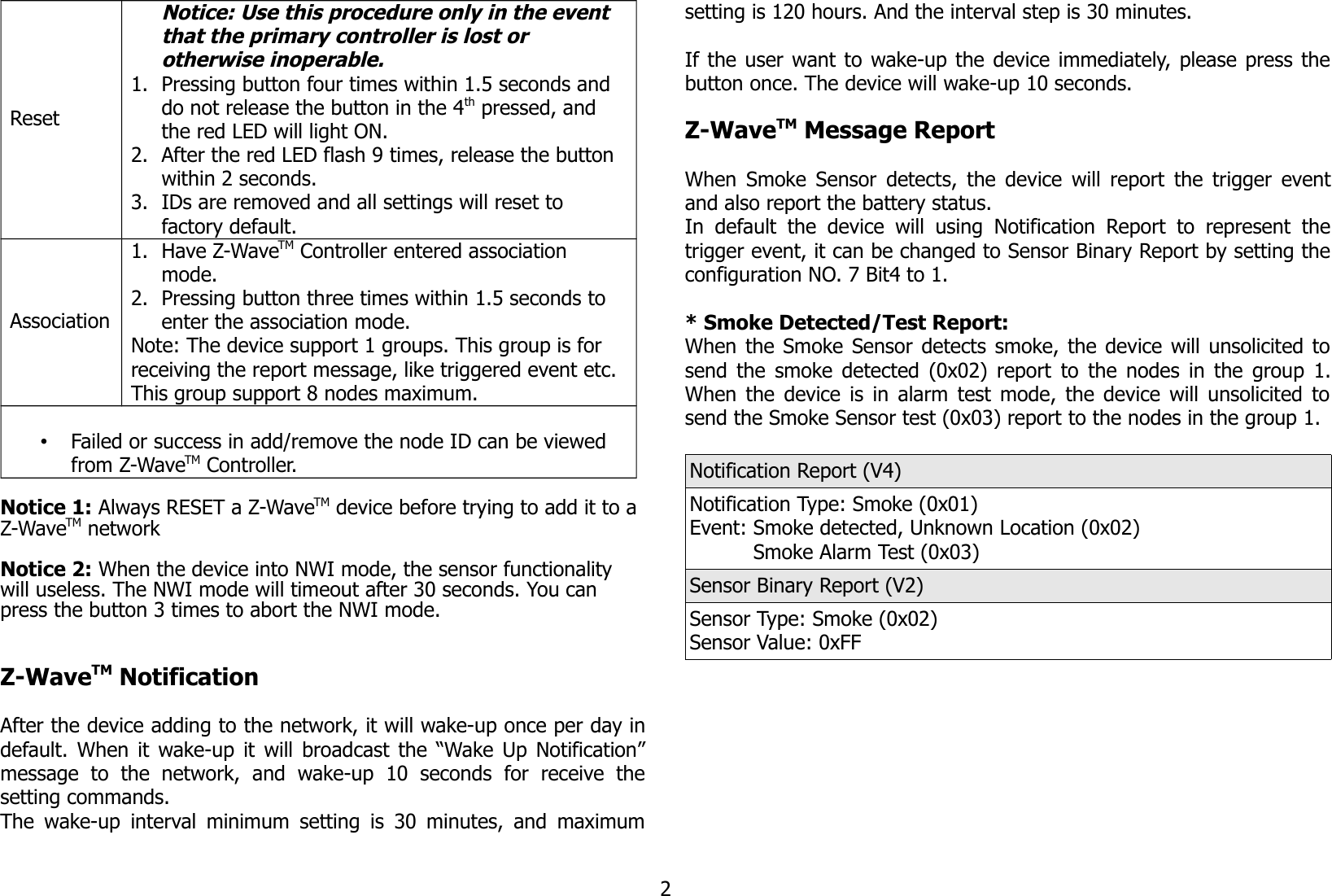 ResetNotice: Use this procedure only in the event that the primary controller is lost or otherwise inoperable.1. Pressing button four times within 1.5 seconds and do not release the button in the 4th pressed, and the red LED will light ON.2. After the red LED flash 9 times, release the button within 2 seconds.3. IDs are removed and all settings will reset to factory default.Association1. Have Z-WaveTM Controller entered association mode.2. Pressing button three times within 1.5 seconds to enter the association mode.Note: The device support 1 groups. This group is for receiving the report message, like triggered event etc. This group support 8 nodes maximum.•Failed or success in add/remove the node ID can be viewed from Z-WaveTM Controller.Notice 1: Always RESET a Z-WaveTM device before trying to add it to a Z-WaveTM network Notice 2: When the device into NWI mode, the sensor functionality will useless. The NWI mode will timeout after 30 seconds. You can press the button 3 times to abort the NWI mode.Z-WaveTM NotificationAfter the device adding to the network, it will wake-up once per day indefault. When it wake-up it will broadcast the “Wake Up Notification”message   to   the   network,   and  wake-up   10   seconds   for   receive   thesetting commands.The wake-up interval minimum setting is 30 minutes, and maximumsetting is 120 hours. And the interval step is 30 minutes.If the user want to wake-up the device immediately, please press thebutton once. The device will wake-up 10 seconds.Z-WaveTM Message ReportWhen Smoke Sensor detects, the device will report the trigger eventand also report the battery status.In default  the  device  will  using   Notification Report   to represent  thetrigger event, it can be changed to Sensor Binary Report by setting theconfiguration NO. 7 Bit4 to 1.* Smoke Detected/Test Report:When the Smoke Sensor detects smoke, the device will unsolicited tosend the smoke detected (0x02) report  to the nodes in the group 1.When the device is in alarm test mode, the device will unsolicited tosend the Smoke Sensor test (0x03) report to the nodes in the group 1.Notification Report (V4)Notification Type: Smoke (0x01)Event: Smoke detected, Unknown Location (0x02)          Smoke Alarm Test (0x03)Sensor Binary Report (V2)Sensor Type: Smoke (0x02)Sensor Value: 0xFF2