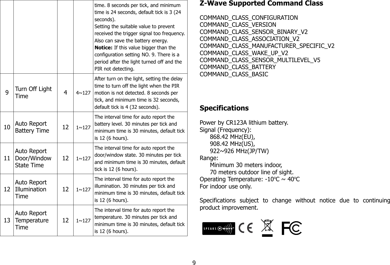 time. 8 seconds per tick, and minimum time is 24 seconds, default tick is 3 (24 seconds).Setting the suitable value to prevent received the trigger signal too frequency.Also can save the battery energy.Notice: If this value bigger than the configuration setting NO. 9. There is a period after the light turned off and the PIR not detecting.9Turn Off Light Time 44~127After turn on the light, setting the delay time to turn off the light when the PIR motion is not detected. 8 seconds per tick, and minimum time is 32 seconds, default tick is 4 (32 seconds).10 Auto Report Battery Time 12 1~127The interval time for auto report the battery level. 30 minutes per tick and minimum time is 30 minutes, default tickis 12 (6 hours).11Auto Report Door/Window State Time12 1~127The interval time for auto report the door/window state. 30 minutes per tick and minimum time is 30 minutes, defaulttick is 12 (6 hours).12Auto Report Illumination Time12 1~127The interval time for auto report the illumination. 30 minutes per tick and minimum time is 30 minutes, default tickis 12 (6 hours).13Auto Report Temperature Time12 1~127The interval time for auto report the temperature. 30 minutes per tick and minimum time is 30 minutes, default tickis 12 (6 hours).Z-Wave Supported Command ClassCOMMAND_CLASS_CONFIGURATIONCOMMAND_CLASS_VERSIONCOMMAND_CLASS_SENSOR_BINARY_V2COMMAND_CLASS_ASSOCIATION_V2COMMAND_CLASS_MANUFACTURER_SPECIFIC_V2COMMAND_CLASS_WAKE_UP_V2COMMAND_CLASS_SENSOR_MULTILEVEL_V5COMMAND_CLASS_BATTERYCOMMAND_CLASS_BASICSpecificationsPower by CR123A lithium battery.Signal (Frequency):868.42 MHz(EU), 908.42 MHz(US), 922~926 MHz(JP/TW)Range: Minimum 30 meters indoor, 70 meters outdoor line of sight.Operating Temperature: -10oC ~ 40oCFor indoor use only.Specifications   subject   to   change   without   notice   due   to   continuingproduct improvement.9