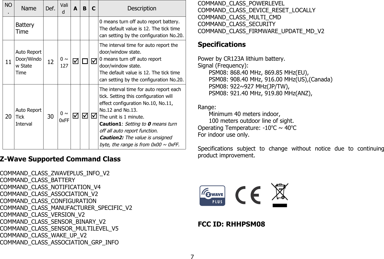 NO.Name Def. Valid  A B C DescriptionBattery Time0 means turn off auto report battery.The default value is 12. The tick time can setting by the configuration No.20.11Auto ReportDoor/Window State Time12 0 ~127   The interval time for auto report the door/window state. 0 means turn off auto report door/window state.The default value is 12. The tick time can setting by the configuration No.20.20Auto ReportTick Interval30 0 ~0xFF   The interval time for auto report each tick. Setting this configuration will effect configuration No.10, No.11, No.12 and No.13.The unit is 1 minute.Caution1: Setting to 0 means turn off all auto report function.Caution2: The value is unsigned byte, the range is from 0x00 ~ 0xFF.Z-Wave Supported Command ClassCOMMAND_CLASS_ZWAVEPLUS_INFO_V2COMMAND_CLASS_BATTERYCOMMAND_CLASS_NOTIFICATION_V4COMMAND_CLASS_ASSOCIATION_V2COMMAND_CLASS_CONFIGURATIONCOMMAND_CLASS_MANUFACTURER_SPECIFIC_V2COMMAND_CLASS_VERSION_V2COMMAND_CLASS_SENSOR_BINARY_V2COMMAND_CLASS_SENSOR_MULTILEVEL_V5COMMAND_CLASS_WAKE_UP_V2COMMAND_CLASS_ASSOCIATION_GRP_INFOCOMMAND_CLASS_POWERLEVELCOMMAND_CLASS_DEVICE_RESET_LOCALLYCOMMAND_CLASS_MULTI_CMDCOMMAND_CLASS_SECURITYCOMMAND_CLASS_FIRMWARE_UPDATE_MD_V2SpecificationsPower by CR123A lithium battery.Signal (Frequency):PSM08: 868.40 MHz, 869.85 MHz(EU), PSM08: 908.40 MHz, 916.00 MHz(US),(Canada) PSM08: 922~927 MHz(JP/TW),PSM08: 921.40 MHz, 919.80 MHz(ANZ),Range: Minimum 40 meters indoor, 100 meters outdoor line of sight.Operating Temperature: -10oC ~ 40oCFor indoor use only.Specifications   subject   to   change   without   notice   due   to   continuingproduct improvement.                                                           FCC ID: RHHPSM08                                                         7