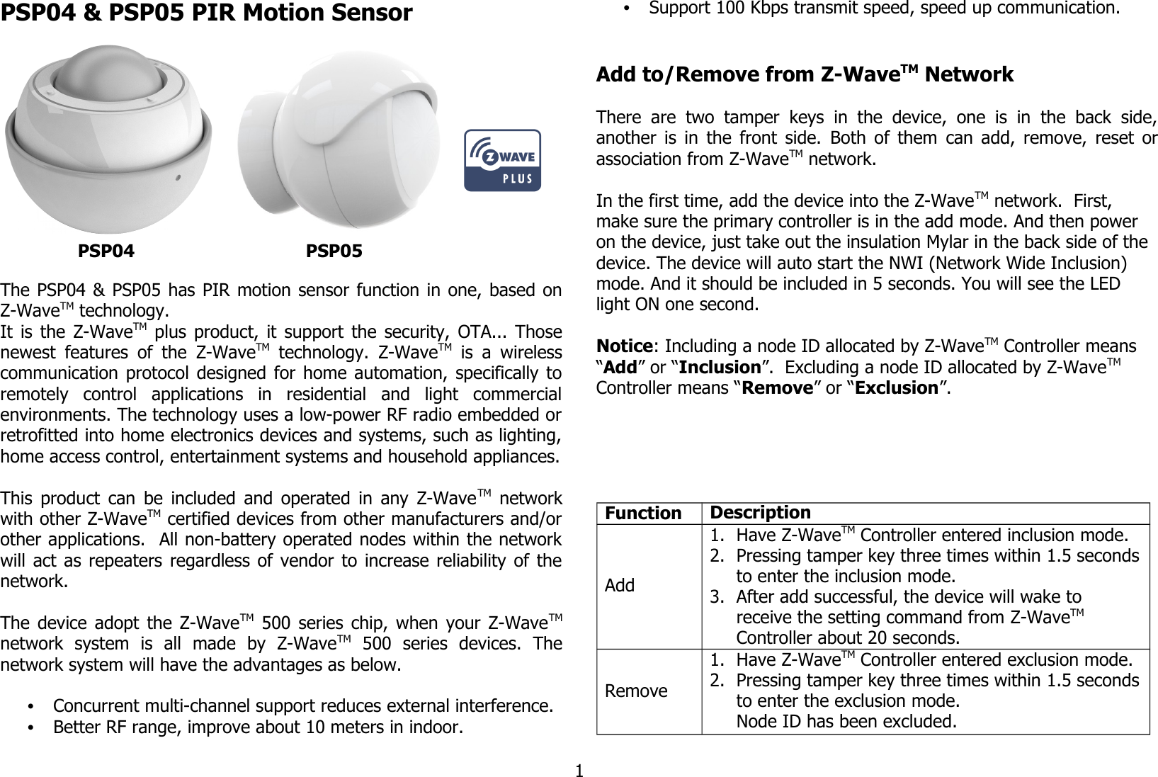 PSP04 &amp; PSP05 PIR Motion Sensor                                 PSP04                               PSP05The PSP04 &amp; PSP05 has PIR motion sensor function in one, based onZ-WaveTM technology.It is the  Z-WaveTM  plus product, it support the security, OTA... Thosenewest features of the  Z-WaveTM  technology.  Z-WaveTM  is a wirelesscommunication protocol designed for home automation, specifically toremotely   control   applications   in   residential   and   light   commercialenvironments. The technology uses a low-power RF radio embedded orretrofitted into home electronics devices and systems, such as lighting,home access control, entertainment systems and household appliances.This product can be included and operated in any Z-WaveTM  networkwith other Z-WaveTM certified devices from other manufacturers and/orother applications.  All non-battery operated nodes within the networkwill act as repeaters regardless of vendor to increase reliability of thenetwork. The device adopt the Z-WaveTM  500 series chip, when your Z-WaveTMnetwork   system   is   all   made   by   Z-WaveTM  500   series   devices.   Thenetwork system will have the advantages as below.•Concurrent multi-channel support reduces external interference.•Better RF range, improve about 10 meters in indoor.•Support 100 Kbps transmit speed, speed up communication.Add to/Remove from Z-WaveTM NetworkThere  are  two  tamper   keys  in  the  device,  one  is  in   the  back  side,another is in the front side.  Both of them  can add, remove, reset orassociation from Z-WaveTM network.In the first time, add the device into the Z-WaveTM network.  First, make sure the primary controller is in the add mode. And then power on the device, just take out the insulation Mylar in the back side of the device. The device will auto start the NWI (Network Wide Inclusion) mode. And it should be included in 5 seconds. You will see the LED light ON one second.Notice: Including a node ID allocated by Z-WaveTM Controller means “Add” or “Inclusion”.  Excluding a node ID allocated by Z-WaveTM  Controller means “Remove” or “Exclusion”.Function DescriptionAdd1. Have Z-WaveTM Controller entered inclusion mode.2. Pressing tamper key three times within 1.5 secondsto enter the inclusion mode.3. After add successful, the device will wake to receive the setting command from Z-WaveTM Controller about 20 seconds.Remove1. Have Z-WaveTM Controller entered exclusion mode.2. Pressing tamper key three times within 1.5 secondsto enter the exclusion mode.Node ID has been excluded.1