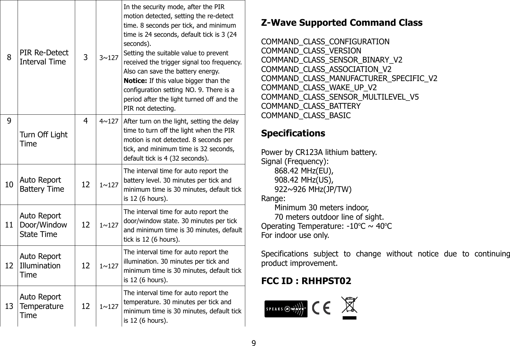 8PIR Re-Detect Interval Time 33~127In the security mode, after the PIR motion detected, setting the re-detect time. 8 seconds per tick, and minimum time is 24 seconds, default tick is 3 (24 seconds).Setting the suitable value to prevent received the trigger signal too frequency.Also can save the battery energy.Notice: If this value bigger than the configuration setting NO. 9. There is a period after the light turned off and the PIR not detecting.9Turn Off Light Time44~127 After turn on the light, setting the delay time to turn off the light when the PIR motion is not detected. 8 seconds per tick, and minimum time is 32 seconds, default tick is 4 (32 seconds).10 Auto Report Battery Time 12 1~127The interval time for auto report the battery level. 30 minutes per tick and minimum time is 30 minutes, default tickis 12 (6 hours).11Auto Report Door/Window State Time12 1~127The interval time for auto report the door/window state. 30 minutes per tick and minimum time is 30 minutes, defaulttick is 12 (6 hours).12Auto Report Illumination Time12 1~127The interval time for auto report the illumination. 30 minutes per tick and minimum time is 30 minutes, default tickis 12 (6 hours).13Auto Report Temperature Time12 1~127The interval time for auto report the temperature. 30 minutes per tick and minimum time is 30 minutes, default tickis 12 (6 hours).Z-Wave Supported Command ClassCOMMAND_CLASS_CONFIGURATIONCOMMAND_CLASS_VERSIONCOMMAND_CLASS_SENSOR_BINARY_V2COMMAND_CLASS_ASSOCIATION_V2COMMAND_CLASS_MANUFACTURER_SPECIFIC_V2COMMAND_CLASS_WAKE_UP_V2COMMAND_CLASS_SENSOR_MULTILEVEL_V5COMMAND_CLASS_BATTERYCOMMAND_CLASS_BASICSpecificationsPower by CR123A lithium battery.Signal (Frequency):868.42 MHz(EU), 908.42 MHz(US), 922~926 MHz(JP/TW)Range: Minimum 30 meters indoor, 70 meters outdoor line of sight.Operating Temperature: -10oC ~ 40oCFor indoor use only.Specifications   subject   to   change   without   notice   due   to   continuingproduct improvement.FCC ID : RHHPST029