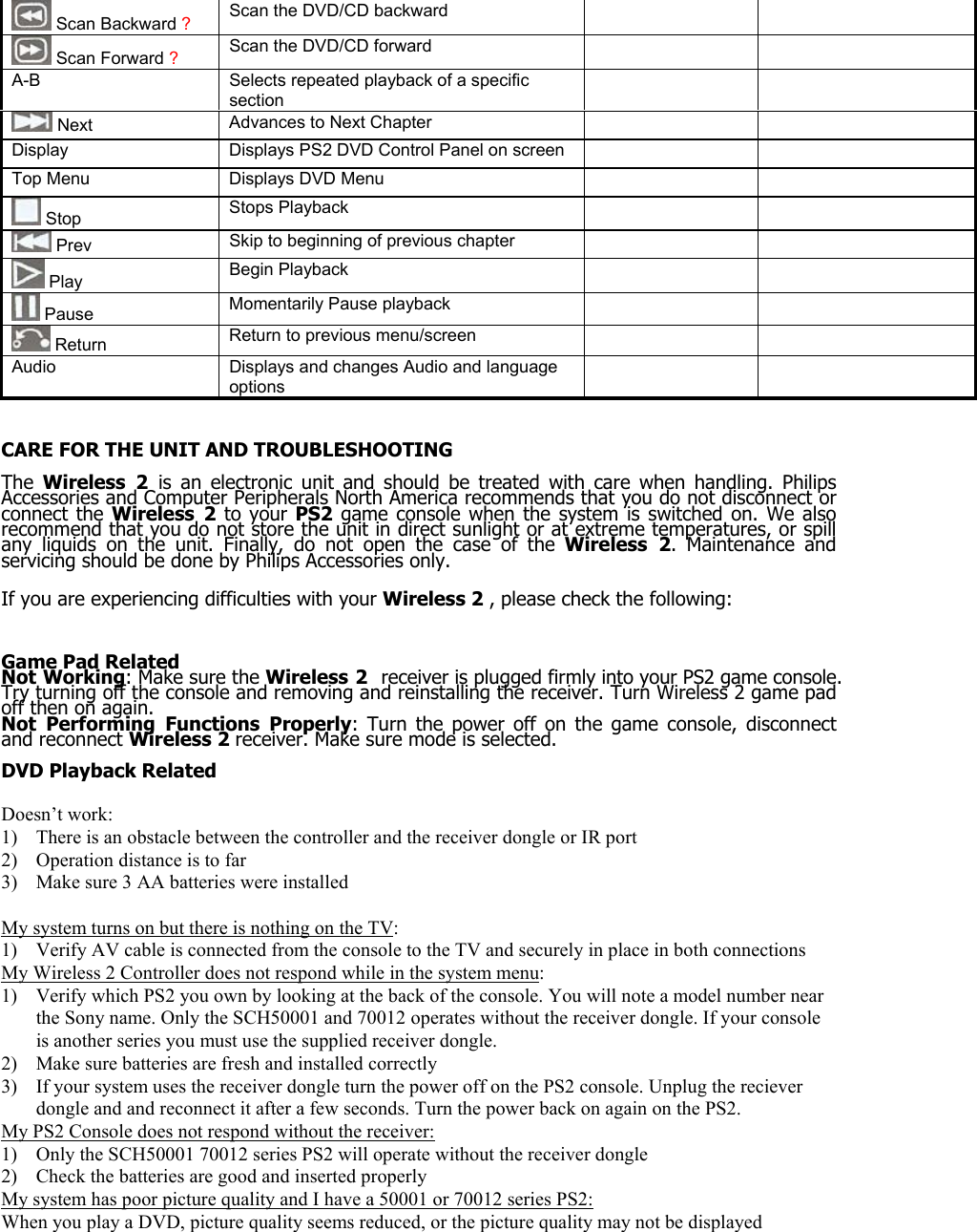  Scan Backward ? Scan the DVD/CD backward      Scan Forward ? Scan the DVD/CD forward     A-B   Selects repeated playback of a specific section    Next  Advances to Next Chapter     Display  Displays PS2 DVD Control Panel on screen     Top Menu  Displays DVD Menu       Stop  Stops Playback      Prev  Skip to beginning of previous chapter      Play  Begin Playback      Pause  Momentarily Pause playback      Return  Return to previous menu/screen     Audio  Displays and changes Audio and language options     CARE FOR THE UNIT AND TROUBLESHOOTING  The  Wireless 2 is an electronic unit and should be treated with care when handling. Philips Accessories and Computer Peripherals North America recommends that you do not disconnect or connect the Wireless 2 to your PS2 game console when the system is switched on. We also recommend that you do not store the unit in direct sunlight or at extreme temperatures, or spill any liquids on the unit. Finally, do not open the case of the Wireless 2. Maintenance and servicing should be done by Philips Accessories only.  If you are experiencing difficulties with your Wireless 2 , please check the following:    Game Pad Related Not Working: Make sure the Wireless 2  receiver is plugged firmly into your PS2 game console. Try turning off the console and removing and reinstalling the receiver. Turn Wireless 2 game pad off then on again. Not Performing Functions Properly: Turn the power off on the game console, disconnect and reconnect Wireless 2 receiver. Make sure mode is selected.  DVD Playback Related  Doesn&rsquo;t work: 1) There is an obstacle between the controller and the receiver dongle or IR port 2) Operation distance is to far 3) Make sure 3 AA batteries were installed  My system turns on but there is nothing on the TV:  1) Verify AV cable is connected from the console to the TV and securely in place in both connections My Wireless 2 Controller does not respond while in the system menu: 1) Verify which PS2 you own by looking at the back of the console. You will note a model number near the Sony name. Only the SCH50001 and 70012 operates without the receiver dongle. If your console is another series you must use the supplied receiver dongle.  2) Make sure batteries are fresh and installed correctly 3) If your system uses the receiver dongle turn the power off on the PS2 console. Unplug the reciever dongle and and reconnect it after a few seconds. Turn the power back on again on the PS2. My PS2 Console does not respond without the receiver: 1) Only the SCH50001 70012 series PS2 will operate without the receiver dongle 2) Check the batteries are good and inserted properly My system has poor picture quality and I have a 50001 or 70012 series PS2: When you play a DVD, picture quality seems reduced, or the picture quality may not be displayed 