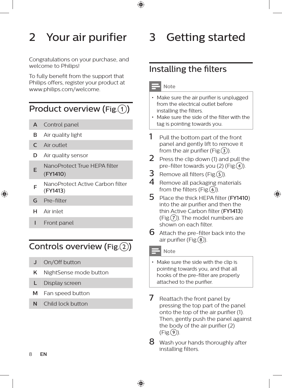 3  Getting startedInstalling the ltersNote • Make sure the air purifier is unplugged from the electrical outlet before installing the filters. • Make sure the side of the filter with the tag is pointing towards you.1  Pull the bottom part of the front panel and gently lift to remove it from the air purifier (Fig.c).2  Press the clip down (1) and pull the pre-filter towards you (2) (Fig.d).3  Remove all filters (Fig.e).4  Remove all packaging materials from the filters (Fig.f).5  Place the thick HEPA filter (FY1410) into the air purifier and then the thin Active Carbon filter (FY1413)  (Fig.g). The model numbers are shown on each filter.6  Attach the pre-filter back into the air purifier (Fig.h).Note • Make sure the side with the clip is pointing towards you, and that all hooks of the pre-filter are properly attached to the purifier.7  Reattach the front panel by pressing the top part of the panel onto the top of the air purifier (1). Then, gently push the panel against the body of the air purifier (2) (Fig.i).8  Wash your hands thoroughly after installing filters.2  Your air purifierCongratulations on your purchase, and welcome to Philips!To fully benefit from the support that Philips offers, register your product at  www.philips.com/welcome.Product overview (Fig.a) AControl panelBAir quality lightCAir outletDAir quality sensorENanoProtect True HEPA filter(FY1410)FNanoProtect Active Carbon filter (FY1413) GPre-filterHAir inletIFront panelControls overview (Fig.b)JOn/Off buttonKNightSense mode buttonLDisplay screenMFan speed buttonNChild lock button8EN