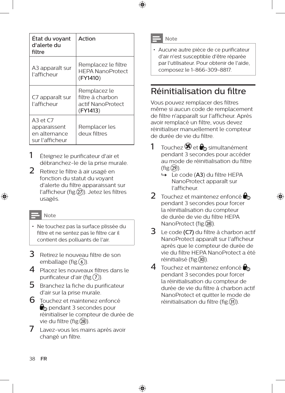 38 FRNote • Aucune autre pièce de ce purificateur d&apos;air n&apos;est susceptible d&apos;être réparée par l&apos;utilisateur. Pour obtenir de l&apos;aide, composez le 1-866-309-8817.Réinitialisation du ltreVous pouvez remplacer des filtres même si aucun code de remplacement de filtre n&apos;apparaît sur l&apos;afficheur. Après avoir remplacé un filtre, vous devez réinitialiser manuellement le compteur de durée de vie du filtre.1  Touchez   et   simultanément pendant 3 secondes pour accéder au mode de réinitialisation du filtre (fig.}). »Le code (A3) du filtre HEPA NanoProtect apparaît sur l&apos;afficheur.2  Touchez et maintenez enfoncé   pendant 3 secondes pour forcer la réinitialisation du compteur de durée de vie du filtre HEPA NanoProtect (fig.|).3  Le code (C7) du filtre à charbon actif NanoProtect apparaît sur l&apos;afficheur après que le compteur de durée de vie du filtre HEPA NanoProtect a été réinitialisé (fig.~).4  Touchez et maintenez enfoncé   pendant 3 secondes pour forcer la réinitialisation du compteur de durée de vie du ltre à charbon actif NanoProtect et quitter le mode de réinitialisation du ltre (g.5).État du voyant d&apos;alerte du filtreActionA3 apparaît sur l&apos;afficheurRemplacez le filtre HEPA NanoProtect (FY1410)C7 apparaît sur l&apos;afficheurRemplacez le filtre à charbon actif NanoProtect (FY1413)A3 et C7 apparaissent en alternance sur l&apos;afficheurRemplacer les deux filtres1  Éteignez le purificateur d&apos;air et débranchez-le de la prise murale.2  Retirez le filtre à air usagé en fonction du statut du voyant d&apos;alerte du filtre apparaissant sur l&apos;afficheur (fig.{). Jetez les filtres usagés.Note • Ne touchez pas la surface plissée du filtre et ne sentez pas le filtre car il contient des polluants de l&apos;air.3  Retirez le nouveau filtre de son emballage (fig.f).4  Placez les nouveaux ltres dans le puricateur d&apos;air (g.g).5  Branchez la fiche du purificateur d&apos;air sur la prise murale.6  Touchez et maintenez enfoncé  pendant 3 secondes pour réinitialiser le compteur de durée de vie du filtre (fig.|).7  Lavez-vous les mains après avoir changé un ltre.