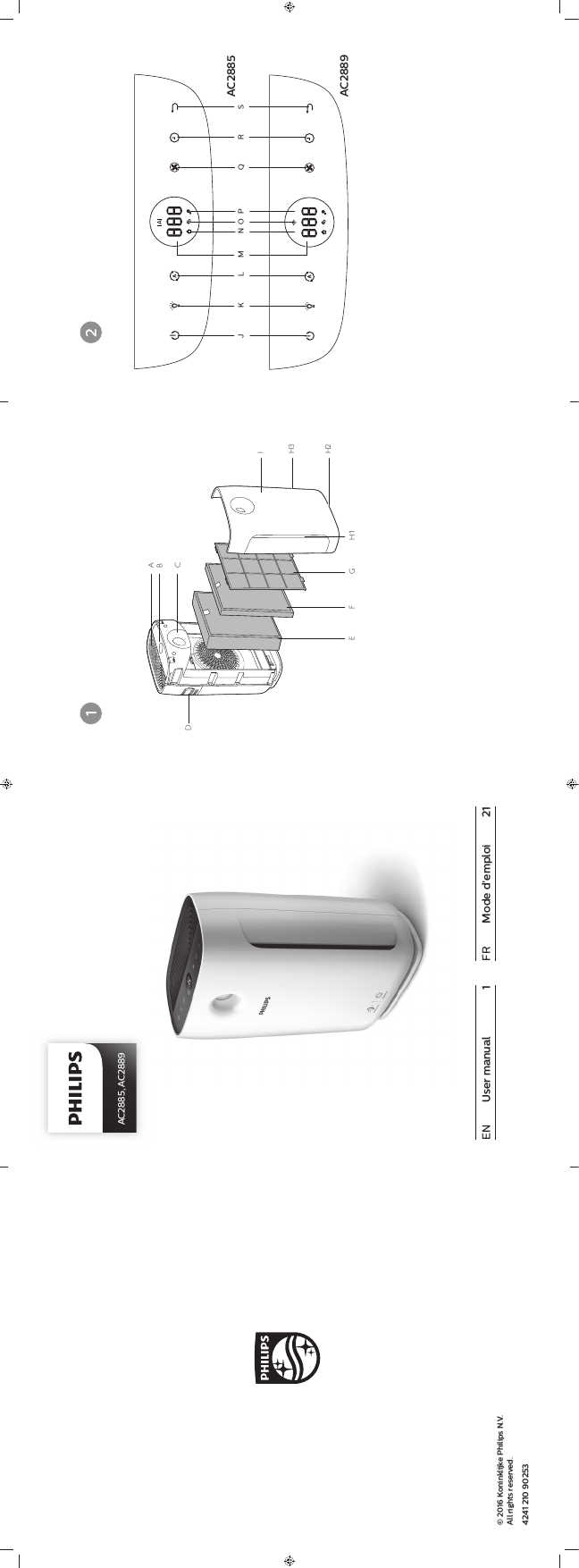 1 2J L M O PN RQ SKAC2885AC2889CBADFE G H1H2IH3© 2016 Koninklijke Philips N.V.ŦAll rights reserved. 4241 210 9025ğAC2885, AC2889EN  User manual  1 FR  Mode d’emploi  21