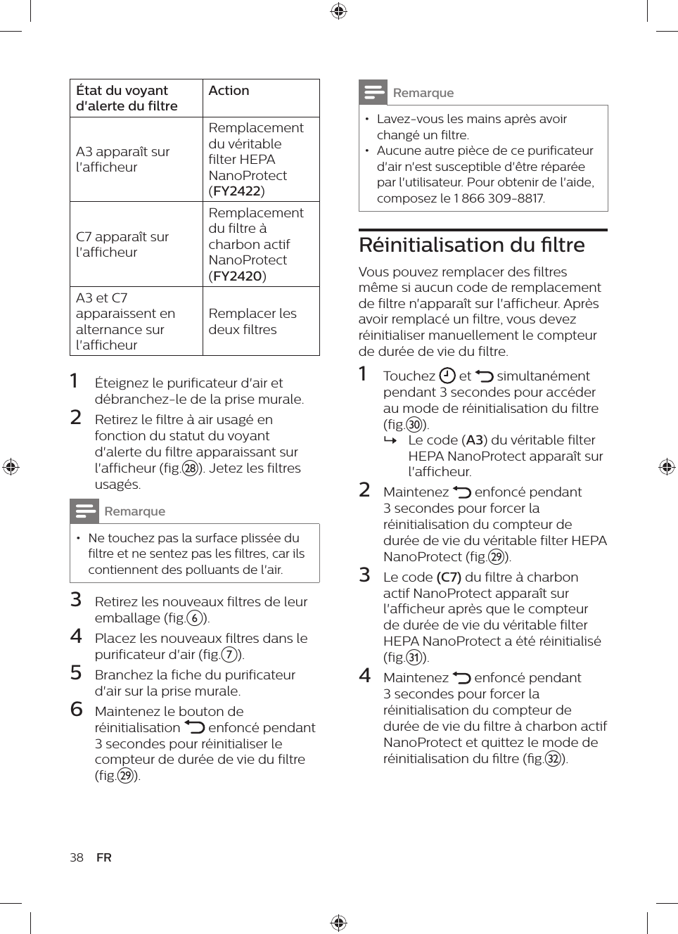 38 FRRemarque • Lavez-vous les mains après avoir changé un filtre. • Aucune autre pièce de ce purificateur d&apos;air n&apos;est susceptible d&apos;être réparée par l&apos;utilisateur. Pour obtenir de l&apos;aide, composez le 1 866 309-8817.Réinitialisation du ltreVous pouvez remplacer des filtres même si aucun code de remplacement de filtre n&apos;apparaît sur l&apos;afficheur. Après avoir remplacé un filtre, vous devez réinitialiser manuellement le compteur de durée de vie du filtre.1  Touchez   et   simultanément pendant 3 secondes pour accéder au mode de réinitialisation du filtre (fig.~). »Le code (A3) du véritable filter HEPA NanoProtect apparaît sur l&apos;afficheur.2  Maintenez   enfoncé pendant 3 secondes pour forcer la réinitialisation du compteur de durée de vie du véritable filter HEPA NanoProtect (fig.}).3  Le code (C7) du filtre à charbon actif NanoProtect apparaît sur l&apos;afficheur après que le compteur de durée de vie du véritable filter HEPA NanoProtect a été réinitialisé (fig.5).4  Maintenez   enfoncé pendant 3 secondes pour forcer la réinitialisation du compteur de durée de vie du filtre à charbon actif NanoProtect et quittez le mode de réinitialisation du ltre (g.€).État du voyant d&apos;alerte du filtreActionA3 apparaît sur l&apos;afficheurRemplacement du véritable filter HEPA NanoProtect (FY2422)C7 apparaît sur l&apos;afficheurRemplacement du filtre à charbon actif NanoProtect (FY2420)A3 et C7 apparaissent en alternance sur l&apos;afficheurRemplacer les deux filtres1  Éteignez le purificateur d&apos;air et débranchez-le de la prise murale.2  Retirez le filtre à air usagé en fonction du statut du voyant d&apos;alerte du filtre apparaissant sur l&apos;afficheur (fig.|). Jetez les filtres usagés.Remarque • Ne touchez pas la surface plissée du filtre et ne sentez pas les filtres, car ils contiennent des polluants de l&apos;air.3  Retirez les nouveaux filtres de leur emballage (fig.f).4  Placez les nouveaux filtres dans le purificateur d&apos;air (fig.g).5  Branchez la fiche du purificateur d&apos;air sur la prise murale.6  Maintenez le bouton de réinitialisation   enfoncé pendant 3 secondes pour réinitialiser le compteur de durée de vie du filtre (fig.}).