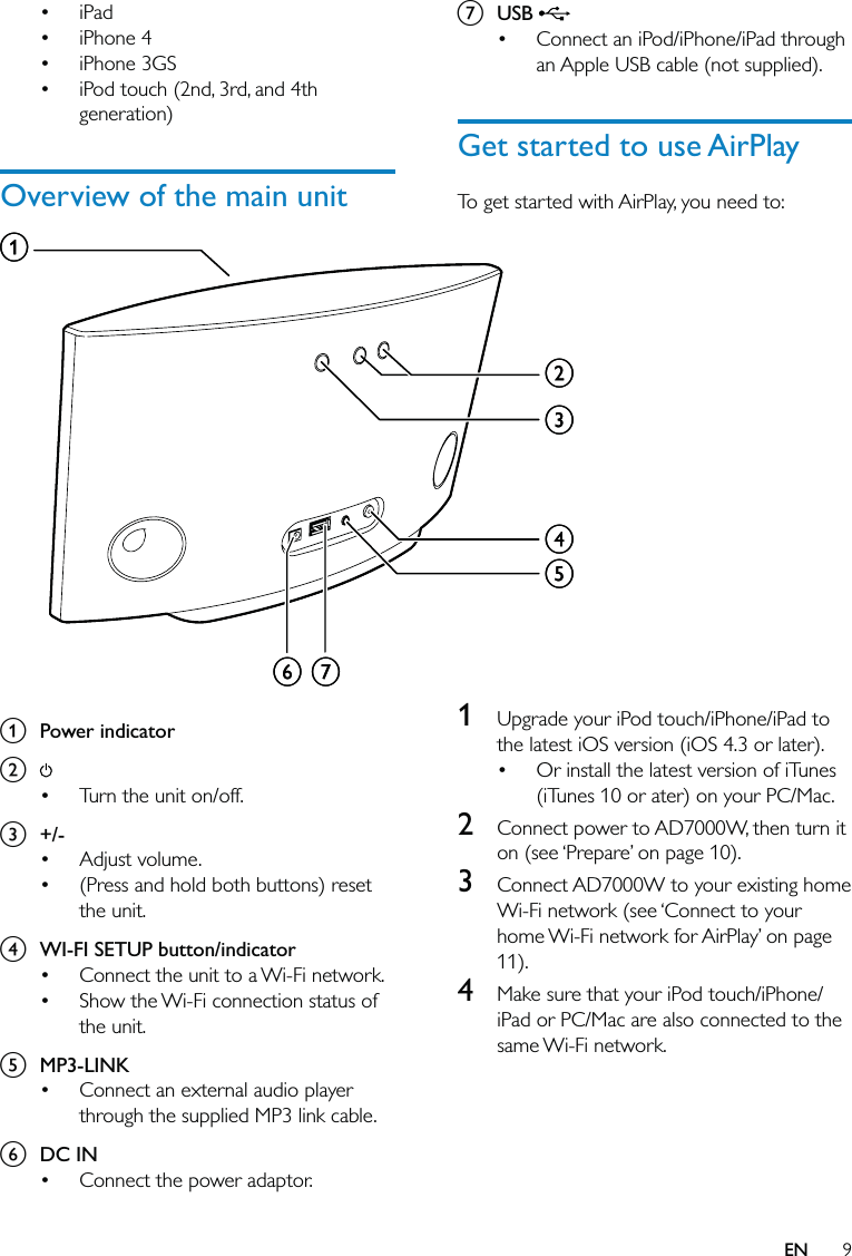 9g USB Connect an iPod/iPhone/iPad through an Apple USB cable (not supplied).Get started to use AirPlayTo get started with AirPlay, you need to:1  Upgrade your iPod touch/iPhone/iPad to the latest iOS version (iOS 4.3 or later).Or install the latest version of iTunes (iTunes 10 or ater) on your PC/Mac.2  Connect power to AD7000W, then turn it on (see ‘Prepare’ on page 10).3  Connect AD7000W to your existing home Wi-Fi network (see ‘Connect to your home Wi-Fi network for AirPlay’ on page 11).4  Make sure that your iPod touch/iPhone/iPad or PC/Mac are also connected to the same Wi-Fi network.••iPadiPhone 4iPhone 3GSiPod touch (2nd, 3rd, and 4th generation)Overview of the main unit a Power indicatorb Turn the unit on/off.c +/-Adjust volume.(Press and hold both buttons) reset the unit.d  WI-FI SETUP button/indicatorConnect the unit to a Wi-Fi network.Show the Wi-Fi connection status of the unit.e MP3-LINKConnect an external audio player through the supplied MP3 link cable.f DC INConnect the power adaptor.•••••••••••fagedbcfagedbcEN
