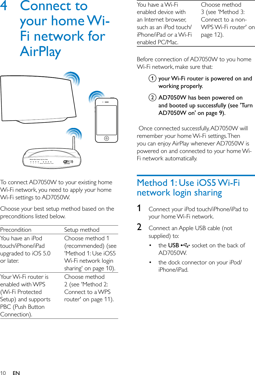  EN4 Connect to your home Wi-Fi network for AirPlay7RFRQQHFW$&apos;:WR\RXUH[LVWLQJKRPH:L)LQHWZRUN\RXQHHGWRDSSO\\RXUKRPH:L)LVHWWLQJVWR$&apos;:&amp;KRRVH\RXUEHVWVHWXSPHWKRGEDVHGRQWKHSUHFRQGLWLRQVOLVWHGEHORZ3UHFRQGLWLRQ 6HWXSPHWKRG&lt;RXKDYHDQL3RGWRXFKL3KRQHL3DGXSJUDGHGWRL26RUODWHU&amp;KRRVHPHWKRGUHFRPPHQGHGVHH0HWKRG8VHL26:L)LQHWZRUNORJLQVKDULQJRQSDJH&lt;RXU:L)LURXWHULVHQDEOHGZLWK:36:L)L3URWHFWHG6HWXSDQGVXSSRUWV3%&amp;3XVK%XWWRQ&amp;RQQHFWLRQ&amp;KRRVHPHWKRGVHH0HWKRG&amp;RQQHFWWRD:36URXWHURQSDJH&lt;RXKDYHD:L)LHQDEOHGGHYLFHZLWKDQ,QWHUQHWEURZVHUVXFKDVDQL3RGWRXFKL3KRQHL3DGRUD:L)LHQDEOHG3&amp;0DF&amp;KRRVHPHWKRGVHH0HWKRG&amp;RQQHFWWRDQRQ:36:L)LURXWHURQSDJH%HIRUHFRQQHFWLRQRI$&apos;:WR\RXKRPH:L)LQHWZRUNPDNHVXUHWKDWayour Wi-Fi router is powered on and working properly. bAD7050W has been powered on and booted up successfully (see &apos;Turn $&apos;:RQRQSDJH2QFHFRQQHFWHGVXFFHVVIXOO\$&apos;:ZLOOUHPHPEHU\RXUKRPH:L)LVHWWLQJV7KHQ\RXFDQHQMR\$LU3OD\ZKHQHYHU$&apos;:LVSRZHUHGRQDQGFRQQHFWHGWR\RXUKRPH:L)LQHWZRUNDXWRPDWLFDOO\Method 1: Use iOS5 Wi-Fi network login sharing1&amp;RQQHFW\RXUL3RGWRXFKL3KRQHL3DGWR\RXUKRPH:L)LQHWZRUN2&amp;RQQHFWDQ$SSOH86%FDEOHQRWVXSSOLHGWR WKHUSB VRFNHWRQWKHEDFNRI$&apos;: WKHGRFNFRQQHFWRURQ\RXUL3RGL3KRQHL3DG