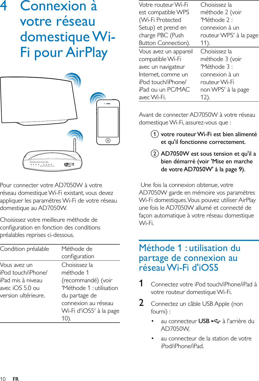 10 FR4 Connexion à votre réseau domestique Wi-Fi pour AirPlayPour connecter votre AD7050W à votre réseau domestique Wi-Fi existant, vous devez appliquer les paramètres Wi-Fi de votre réseau domestique au AD7050W.Choisissez votre meilleure méthode de FRQÀJXUDWLRQHQIRQFWLRQGHVFRQGLWLRQVpréalables reprises ci-dessous.Condition préalable Méthode de FRQÀJXUDWLRQVous avez un iPod touch/iPhone/iPad mis à niveau avec iOS 5.0 ou version ultérieure.Choisissez la méthode 1(recommandé) (voir &apos;Méthode 1 : utilisation du partage de connexion au réseau Wi-Fi d&apos;iOS5&apos; à la page 10).Votre routeur Wi-Fi est compatible WPS (Wi-Fi Protected Setup) et prend en charge PBC (Push Button Connection).Choisissez la méthode 2 (voir &apos;Méthode 2 : connexion à un routeur WPS&apos; à la page 11).Vous avez un appareil compatible Wi-Fi avec un navigateur Internet, comme un iPod touch/iPhone/iPad ou un PC/MAC avec Wi-Fi.Choisissez la méthode 3 (voir &apos;Méthode 3 : connexion à un routeur Wi-Fi non WPS&apos; à la page 12).Avant de connecter AD7050W à votre réseau domestique Wi-Fi, assurez-vous que :avotre routeur Wi-Fi est bien alimenté et qu&apos;il fonctionne correctement. bAD7050W est sous tension et qu&apos;il a bien démarré (voir &apos;Mise en marche de votre AD7050W&apos; à la page 9).Une fois la connexion obtenue, votre AD7050W garde en mémoire vos paramètres Wi-Fi domestiques. Vous pouvez utiliser AirPlay une fois le AD7050W allumé et connecté de façon automatique à votre réseau domestique Wi-Fi.Méthode 1 : utilisation du partage de connexion au réseau Wi-Fi d&apos;iOS51Connectez votre iPod touch/iPhone/iPad à votre routeur domestique Wi-Fi.2Connectez un câble USB Apple (non fourni) : au connecteur 86%  à l&apos;arrière du AD7050W, au connecteur de la station de votre iPod/iPhone/iPad.