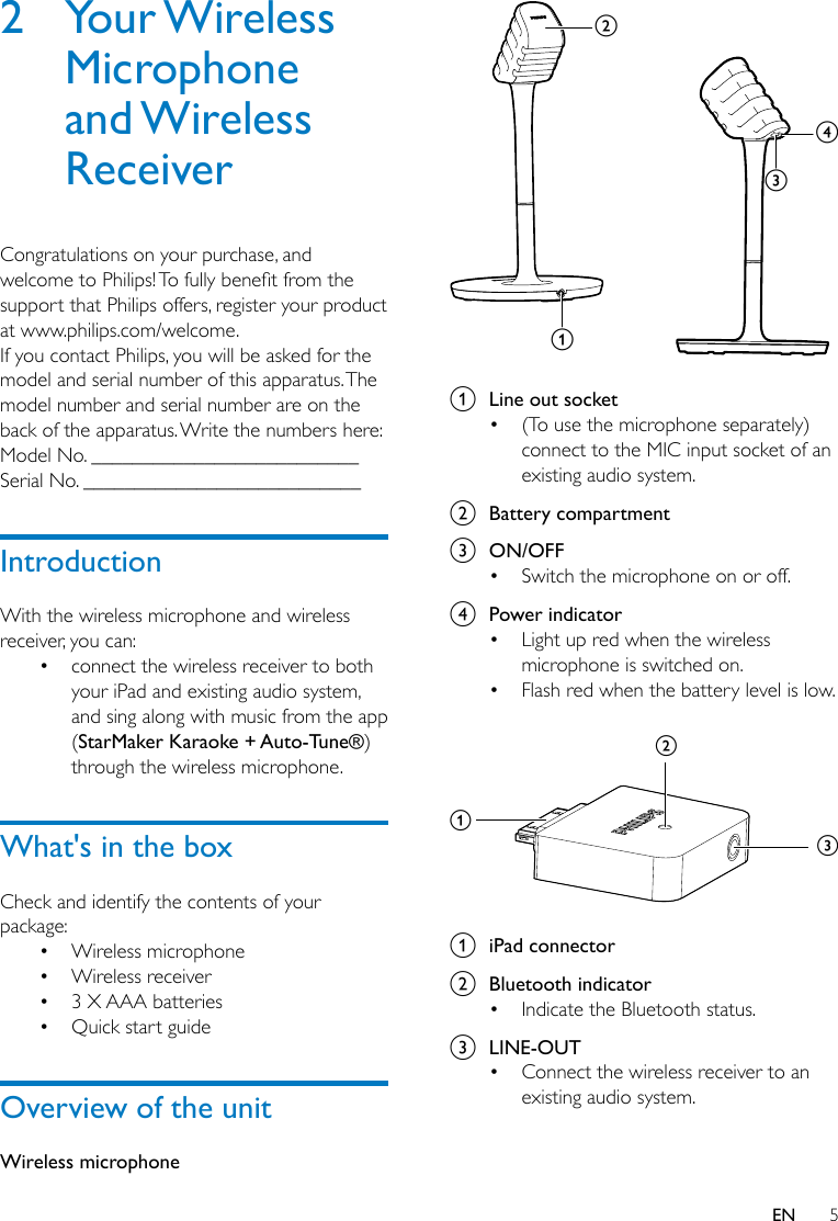 5EN2  Your Wireless Microphone and Wireless ReceiverCongratulations on your purchase, and welcometoPhilips!Tofullybenetfromthesupport that Philips offers, register your product at www.philips.com/welcome.If you contact Philips, you will be asked for the model and serial number of this apparatus. The model number and serial number are on the back of the apparatus. Write the numbers here: Model No. __________________________Serial No. ___________________________IntroductionWith the wireless microphone and wireless receiver, you can:• connect the wireless receiver to both your iPad and existing audio system, and sing along with music from the app (StarMaker Karaoke + Auto-Tune®) through the wireless microphone.What&apos;s in the boxCheck and identify the contents of your package:• Wireless microphone• Wireless receiver• 3 X AAA batteries• Quick start guideOverview of the unitWireless microphone a  Line out socket• (To use the microphone separately) connect to the MIC input socket of an existing audio system.b  Battery compartmentc  ON/OFF• Switch the microphone on or off.d  Power indicator• Light up red when the wireless microphone is switched on.• Flash red when the battery level is low.  a  iPad connectorb  Bluetooth indicator• Indicate the Bluetooth status.c  LINE-OUT• Connect the wireless receiver to an existing audio system.dcbaabc