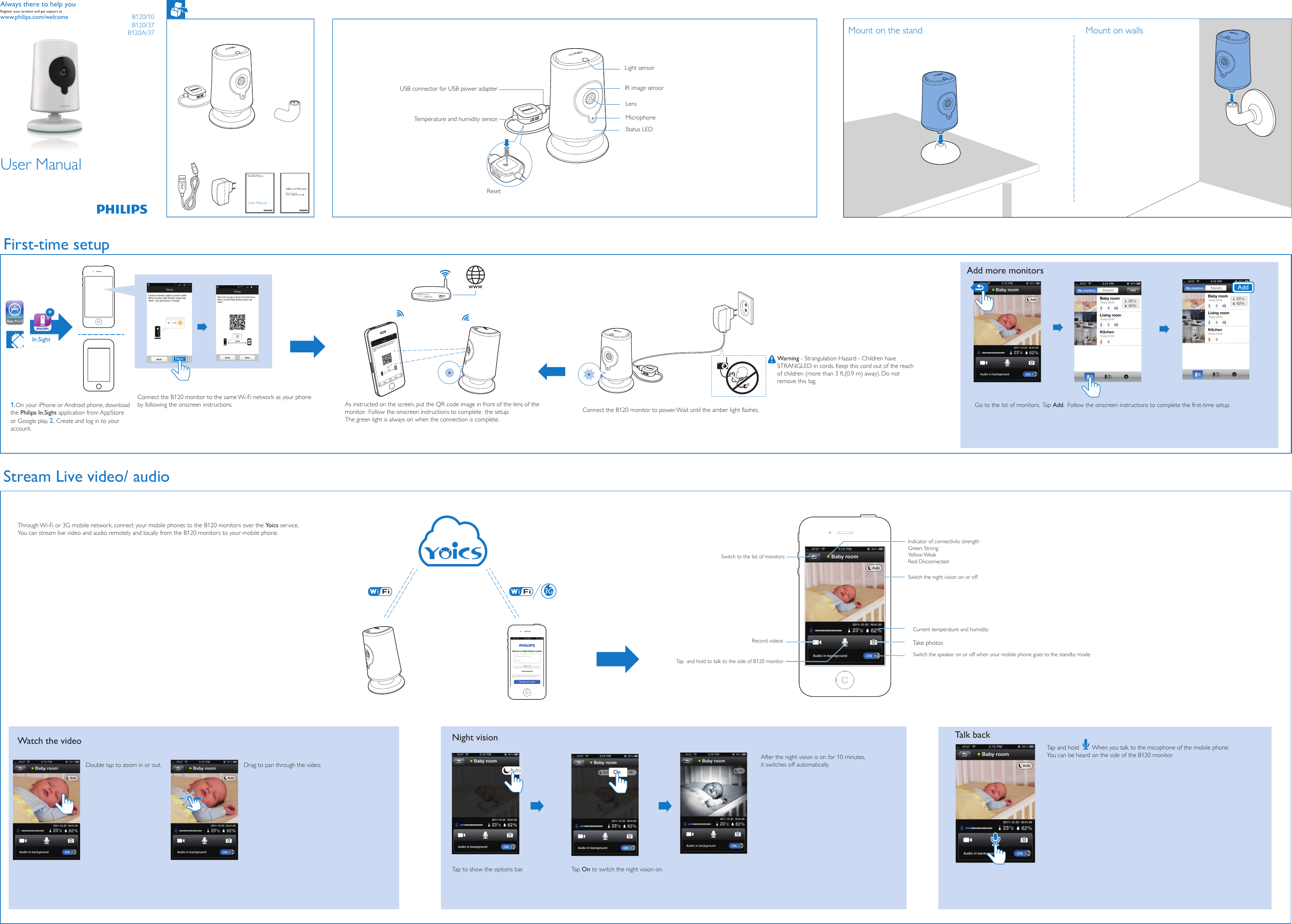 B120/10Connect the B120 monitor to the same Wi-Fi network as your phone by following the onscreen instructions. Warning - Strangulation Hazard - Children have STRANGLED in cords. Keep this cord out of the reach of children (more than 3 ft.(0.9 m) away). Do not remove this tag.  As instructed on the screen, put the QR code image in front of the lens of the monitor.  Follow the onscreen instructions to complete  the setup. The green light is always on when the connection is complete. 1.On your iPhone or Android phone, download the Philips In.Sight application from AppStore or Google play. 2. Create and log in to your account. User Manual+In.SightTalk backAdd more monitorsTap and hold       When you talk to the micophone of the mobile phone.You can be heard on the side of the B120 monitor. Night visionTap to show the options bar. Tap On to switch the night vision on.         After the night vision is on for 10 minutes, it switches off automatically. Watch the videoDouble tap to zoom in or out. Drag to pan through the video.Switch to the list of monitorsIndicator of connectivity strengthGreen: Strong Yellow: WeakRed: DisconnectedSwitch the night vision on or offCurrent temperature and humidityTake photosSwitch the speaker on or off when your mobile phone goes to the standby modeRecord videosTap  and hold to talk to the side of B120 monitorThrough Wi-Fi or 3G mobile network, connect your mobile phones to the B120 monitors over the Yoics service. You can stream live video and audio remotely and locally from the B120 monitors to your mobile phone. Mount on the stand Mount on wallsLight sensorIR image sensor LensMicrophoneStatus LEDTemperature and humidity sensorUSB connector for USB power adapter   NextConnect the B120 monitor to power. Wait until the amber light flashes.  Auto OnGo to the list of monitors.  Tap Add.  Follow the onscreen instructions to complete the first-time setup. Add3GStream Live video/ audioFirst-time setup www.philips.com/welcomeAlways there to help youRegister your product and get support atResetUser ManualB120/37B120A/37
