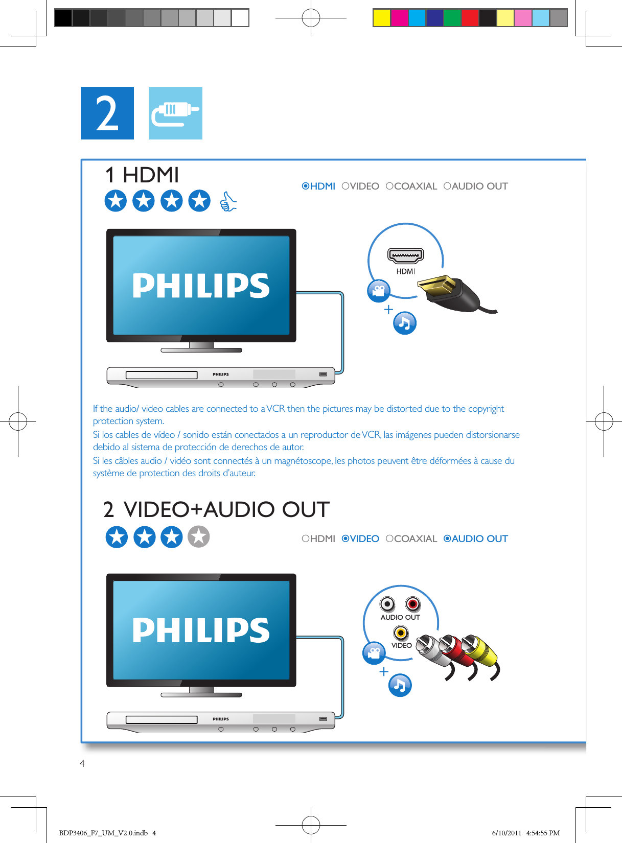 42AUDIO OUTVIDEOUDIO OVIDEOOUTO1 HDMI2  VIDEO+AUDIO OUTHDMI   VIDEO   COAXIAL   AUDIO OUTHDMI   VIDEO   COAXIAL   AUDIO OUTIf the audio/ video cables are connected to a VCR then the pictures may be distorted due to the copyright protection system.Si los cables de vídeo / sonido están conectados a un reproductor de VCR, las imágenes pueden distorsionarse debido al sistema de protección de derechos de autor.Si les câbles audio / vidéo sont connectés à un magnétoscope, les photos peuvent être déformées à cause du système de protection des droits d’auteur.BDP3406_F7_UM_V2.0.indb   4 6/10/2011   4:54:55 PM