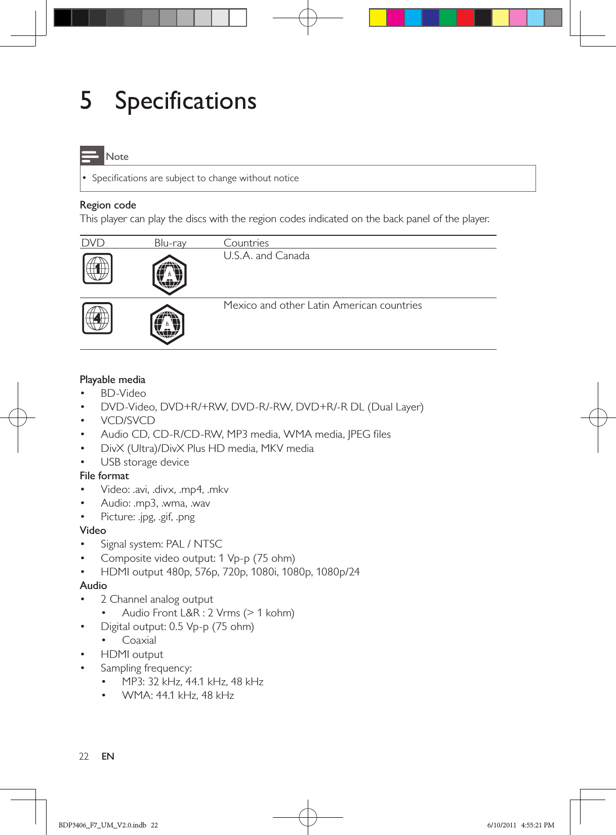 22 EN5  SpecificationsNoteSpeciﬁcations are subject to change without notice •Region codeThis player can play the discs with the region codes indicated on the back panel of the player.DVD   Blu-ray Countries AU.S.A. and CanadaAMexico and other Latin American countries  Playable mediaBD-Video• DVD-Video, DVD+R/+RW, DVD-R/-RW, DVD+R/-R DL (Dual Layer)• VCD/SVCD• Audio CD, CD-R/CD-RW, MP3 media, WMA media, JPEG ﬁles• DivX (Ultra)/DivX Plus HD media, MKV media• USB storage device• File formatVideo: .avi, .divx, .mp4, .mkv• Audio: .mp3, .wma, .wav• Picture: .jpg, .gif, .png• VideoSignal system: PAL / NTSC• Composite video output: 1 Vp-p (75 ohm)• HDMI output 480p, 576p, 720p, 1080i, 1080p, 1080p/24• Audio2 Channel analog output• Audio Front L&amp;R : 2 Vrms (&gt; 1 kohm)• Digital output: 0.5 Vp-p (75 ohm)• Coaxial• HDMI output• Sampling frequency:• MP3: 32 kHz, 44.1 kHz, 48 kHz• WMA: 44.1 kHz, 48 kHz• BDP3406_F7_UM_V2.0.indb   22 6/10/2011   4:55:21 PM