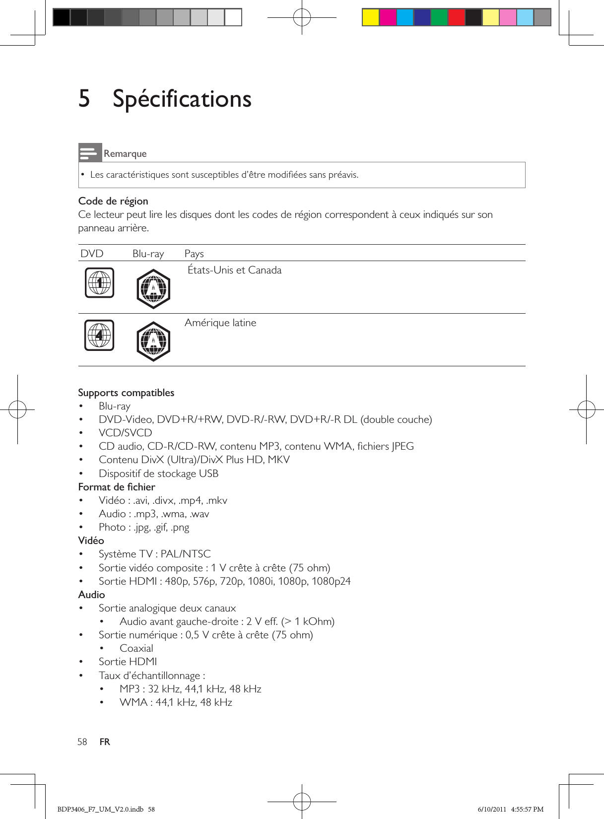 58 FR5  SpécificationsRemarqueLes caractéristiques sont susceptibles d’être modiﬁées sans préavis. •Code de régionCe lecteur peut lire les disques dont les codes de région correspondent à ceux indiqués sur son panneau arrière.DVD Blu-ray Pays  A États-Unis et Canada  AAmérique latineSupports compatiblesBlu-ray• DVD-Video, DVD+R/+RW, DVD-R/-RW, DVD+R/-R DL (double couche)• VCD/SVCD• CD audio, CD-R/CD-RW, contenu MP3, contenu WMA, ﬁchiers JPEG• Contenu DivX (Ultra)/DivX Plus HD, MKV• Dispositif de stockage USB• Format de ﬁchierVidéo : .avi, .divx, .mp4, .mkv• Audio : .mp3, .wma, .wav• Photo : .jpg, .gif, .png• VidéoSystème TV : PAL/NTSC• Sortie vidéo composite : 1 V crête à crête (75 ohm)• Sortie HDMI : 480p, 576p, 720p, 1080i, 1080p, 1080p24• AudioSortie analogique deux canaux• Audio avant gauche-droite : 2 V eff. (&gt; 1 kOhm)• Sortie numérique : 0,5 V crête à crête (75 ohm)• Coaxial• Sortie HDMI• Taux d’échantillonnage :• MP3 : 32 kHz, 44,1 kHz, 48 kHz• WMA : 44,1 kHz, 48 kHz• BDP3406_F7_UM_V2.0.indb   58 6/10/2011   4:55:57 PM