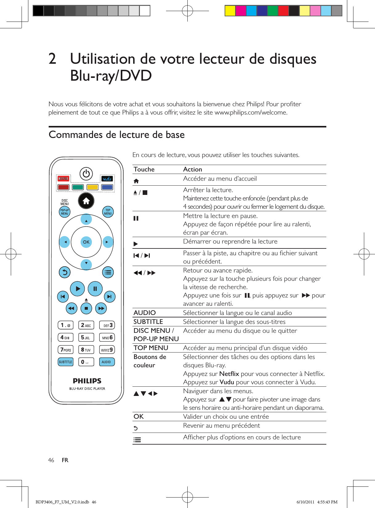 46 FR1  Branchement et lecture2  Utilisation de votre lecteur de disques Blu-ray/DVDNous vous félicitons de votre achat et vous souhaitons la bienvenue chez Philips! Pour proﬁter pleinement de tout ce que Philips a à vous offrir, visitez le site www.philips.com/welcome.Commandes de lecture de baseEn cours de lecture, vous pouvez utiliser les touches suivantes.Touche ActionAccéder au menu d’accueil /  Arrêter la lecture.Maintenez cette touche enfoncée (pendant plus de 4 secondes) pour ouvrir ou fermer le logement du disque.Mettre la lecture en pause.Appuyez de façon répétée pour lire au ralenti, écran par écran.Démarrer ou reprendre la lecture /  Passer à la piste, au chapitre ou au ﬁchier suivant ou précédent. /  Retour ou avance rapide. Appuyez sur la touche plusieurs fois pour changer la vitesse de recherche.Appuyez une fois sur   , puis appuyez sur   pour avancer au ralenti.AUDIO Sélectionner la langue ou le canal audioSUBTITLE Sélectionner la langue des sous-titresDISC MENU / POP-UP MENUAccéder au menu du disque ou le quitterTOP MENU Accéder au menu principal d’un disque vidéoBoutons de couleurSélectionner des tâches ou des options dans les disques Blu-ray.Appuyez sur Netﬂix pour vous connecter à Netﬂix.Appuyez sur Vudu pour vous connecter à Vudu.    Naviguer dans les menus.Appuyez sur      pour faire pivoter une image dans le sens horaire ou anti-horaire pendant un diaporama.OK Valider un choix ou une entréeRevenir au menu précédentAfﬁcher plus d’options en cours de lectureBDP3406_F7_UM_V2.0.indb   46 6/10/2011   4:55:43 PM