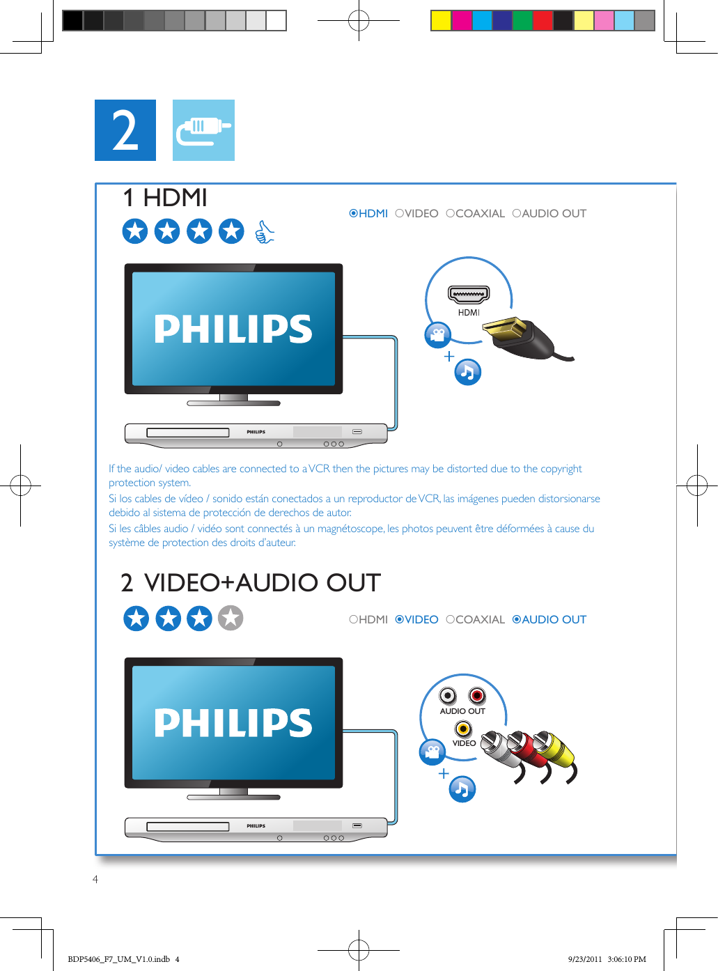 42AUDIO OUTVIDEOUDIO OVIDEOOUTO1 HDMI2  VIDEO+AUDIO OUTHDMI   VIDEO     COAXIAL     AUDIO  OUTHDMI   VIDEO   COAXIAL     AUDIO OUTIf the audio/ video cables are connected to a VCR then the pictures may be distorted due to the copyright protection system.Si los cables de vídeo / sonido están conectados a un reproductor de VCR, las imágenes pueden distorsionarse debido al sistema de protección de derechos de autor.Si les câbles audio / vidéo sont connectés à un magnétoscope, les photos peuvent être déformées à cause du système de protection des droits d’auteur.BDP5406_F7_UM_V1.0.indb   4 9/23/2011   3:06:10 PM