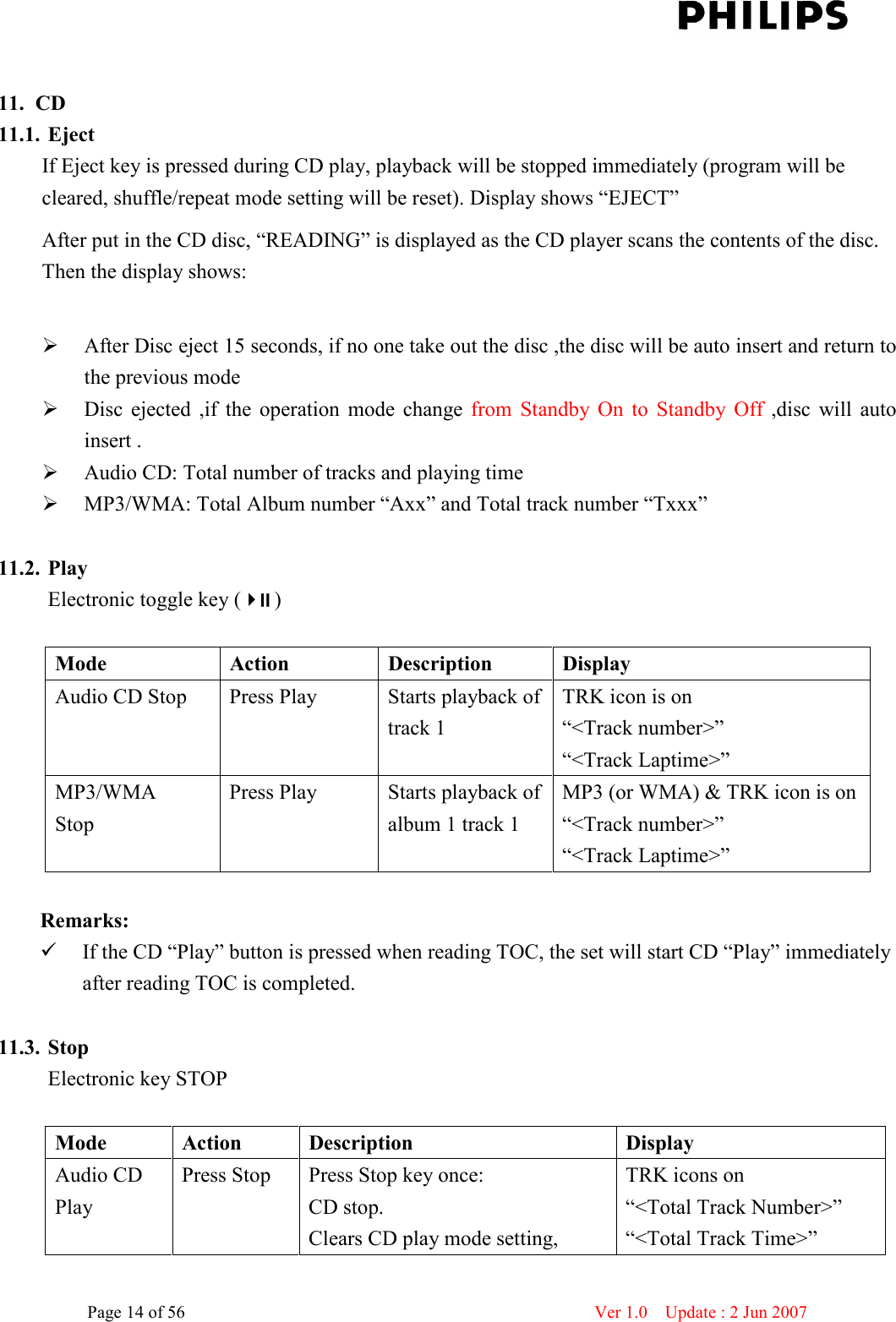    Page 14 of 56                      Ver 1.0    Update : 2 Jun 2007   11. CD 11.1. Eject If Eject key is pressed during CD play, playback will be stopped immediately (program will be cleared, shuffle/repeat mode setting will be reset). Display shows “EJECT” After put in the CD disc, “READING” is displayed as the CD player scans the contents of the disc. Then the display shows:   After Disc eject 15 seconds, if no one take out the disc ,the disc will be auto insert and return to the previous mode  Disc  ejected  ,if  the  operation  mode  change  from  Standby  On  to  Standby  Off  ,disc  will  auto insert .    Audio CD: Total number of tracks and playing time  MP3/WMA: Total Album number “Axx” and Total track number “Txxx”  11.2. Play Electronic toggle key ( )  Mode  Action  Description  Display Audio CD Stop  Press Play  Starts playback of track 1 TRK icon is on “&lt;Track number&gt;”   “&lt;Track Laptime&gt;” MP3/WMA   Stop Press Play  Starts playback of album 1 track 1 MP3 (or WMA) &amp; TRK icon is on  “&lt;Track number&gt;”   “&lt;Track Laptime&gt;”  Remarks:    If the CD “Play” button is pressed when reading TOC, the set will start CD “Play” immediately after reading TOC is completed.  11.3. Stop Electronic key STOP  Mode  Action  Description  Display   Audio CD Play Press Stop  Press Stop key once: CD stop. Clears CD play mode setting, TRK icons on “&lt;Total Track Number&gt;” “&lt;Total Track Time&gt;” 