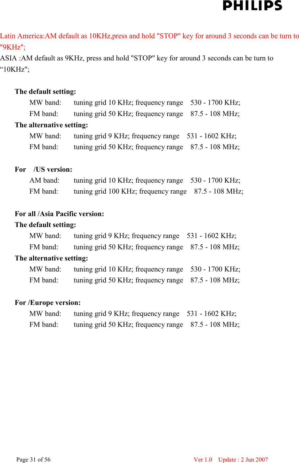    Page 31 of 56                      Ver 1.0    Update : 2 Jun 2007   Latin America:AM default as 10KHz,press and hold &quot;STOP&quot; key for around 3 seconds can be turn to &quot;9KHz&quot;; ASIA :AM default as 9KHz, press and hold &quot;STOP&quot; key for around 3 seconds can be turn to “10KHz&quot;;   The default setting:   MW band:  tuning grid 10 KHz; frequency range    530 - 1700 KHz;   FM band:   tuning grid 50 KHz; frequency range    87.5 - 108 MHz;   The alternative setting:   MW band:      tuning grid 9 KHz; frequency range    531 - 1602 KHz;   FM band:      tuning grid 50 KHz; frequency range    87.5 - 108 MHz;    For    /US version:   AM band:      tuning grid 10 KHz; frequency range    530 - 1700 KHz;   FM band:      tuning grid 100 KHz; frequency range    87.5 - 108 MHz;    For all /Asia Pacific version:   The default setting:   MW band:      tuning grid 9 KHz; frequency range    531 - 1602 KHz;   FM band:      tuning grid 50 KHz; frequency range    87.5 - 108 MHz;   The alternative setting:   MW band:      tuning grid 10 KHz; frequency range    530 - 1700 KHz;   FM band:      tuning grid 50 KHz; frequency range    87.5 - 108 MHz;    For /Europe version:   MW band:      tuning grid 9 KHz; frequency range    531 - 1602 KHz;   FM band:      tuning grid 50 KHz; frequency range    87.5 - 108 MHz;       