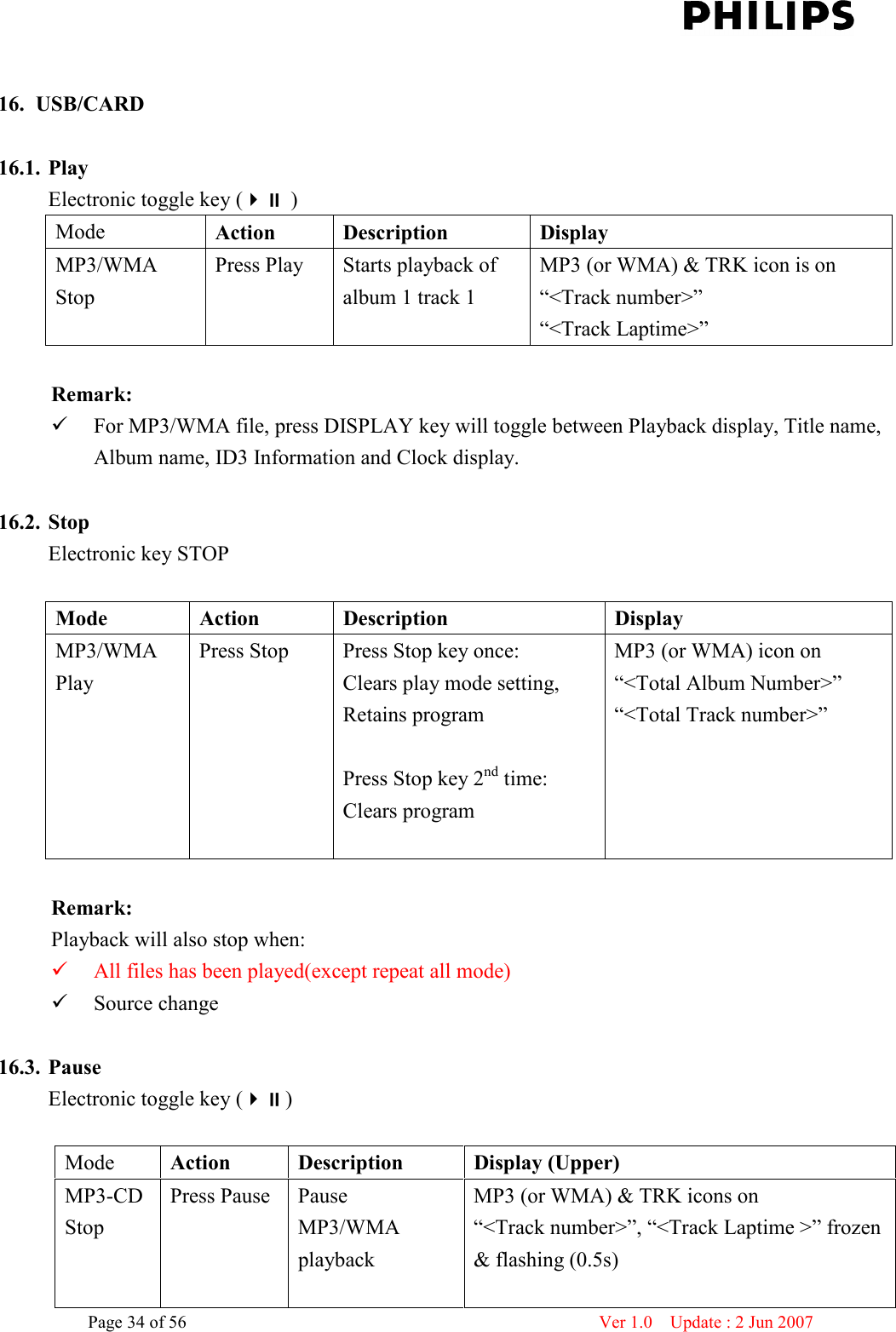    Page 34 of 56                      Ver 1.0    Update : 2 Jun 2007   16. USB/CARD  16.1. Play   Electronic toggle key ( ) Mode  Action  Description  Display MP3/WMA   Stop Press Play  Starts playback of album 1 track 1 MP3 (or WMA) &amp; TRK icon is on   “&lt;Track number&gt;”   “&lt;Track Laptime&gt;”  Remark:    For MP3/WMA file, press DISPLAY key will toggle between Playback display, Title name, Album name, ID3 Information and Clock display.  16.2. Stop Electronic key STOP  Mode  Action  Description  Display   MP3/WMA Play Press Stop  Press Stop key once: Clears play mode setting, Retains program  Press Stop key 2nd time: Clears program    MP3 (or WMA) icon on “&lt;Total Album Number&gt;” “&lt;Total Track number&gt;”   Remark: Playback will also stop when:  All files has been played(except repeat all mode)    Source change  16.3. Pause   Electronic toggle key ()      Mode  Action  Description  Display (Upper) MP3-CD Stop Press Pause  Pause MP3/WMA playback MP3 (or WMA) &amp; TRK icons on “&lt;Track number&gt;”, “&lt;Track Laptime &gt;” frozen &amp; flashing (0.5s)    