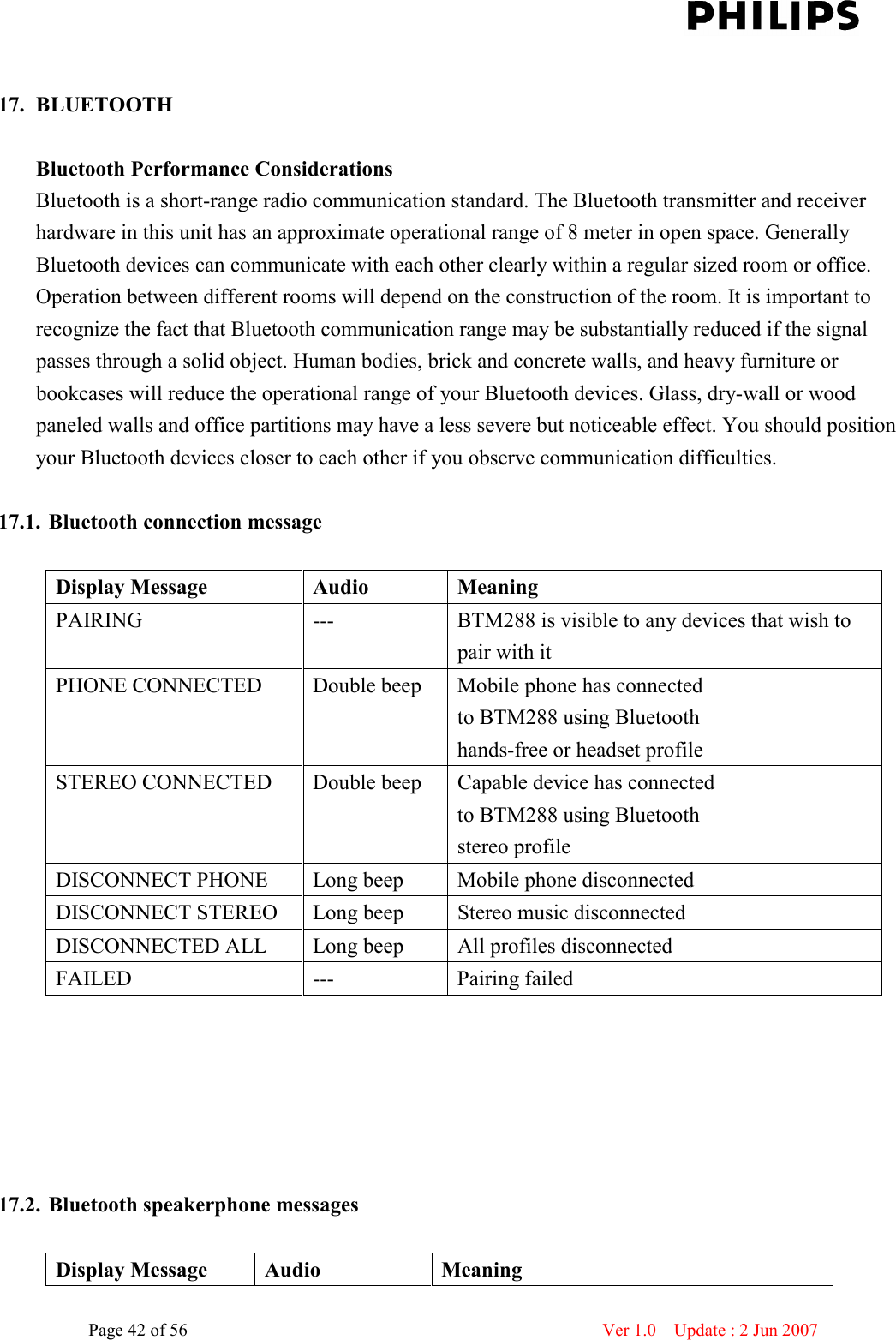    Page 42 of 56                      Ver 1.0    Update : 2 Jun 2007   17. BLUETOOTH  Bluetooth Performance Considerations Bluetooth is a short-range radio communication standard. The Bluetooth transmitter and receiver hardware in this unit has an approximate operational range of 8 meter in open space. Generally Bluetooth devices can communicate with each other clearly within a regular sized room or office. Operation between different rooms will depend on the construction of the room. It is important to recognize the fact that Bluetooth communication range may be substantially reduced if the signal passes through a solid object. Human bodies, brick and concrete walls, and heavy furniture or bookcases will reduce the operational range of your Bluetooth devices. Glass, dry-wall or wood paneled walls and office partitions may have a less severe but noticeable effect. You should position your Bluetooth devices closer to each other if you observe communication difficulties.  17.1. Bluetooth connection message  Display Message  Audio  Meaning PAIRING  ---  BTM288 is visible to any devices that wish to pair with it   PHONE CONNECTED  Double beep  Mobile phone has connected     to BTM288 using Bluetooth   hands-free or headset profile   STEREO CONNECTED  Double beep  Capable device has connected     to BTM288 using Bluetooth   stereo profile   DISCONNECT PHONE  Long beep  Mobile phone disconnected DISCONNECT STEREO  Long beep  Stereo music disconnected DISCONNECTED ALL  Long beep  All profiles disconnected FAILED  ---  Pairing failed       17.2. Bluetooth speakerphone messages  Display Message  Audio  Meaning 
