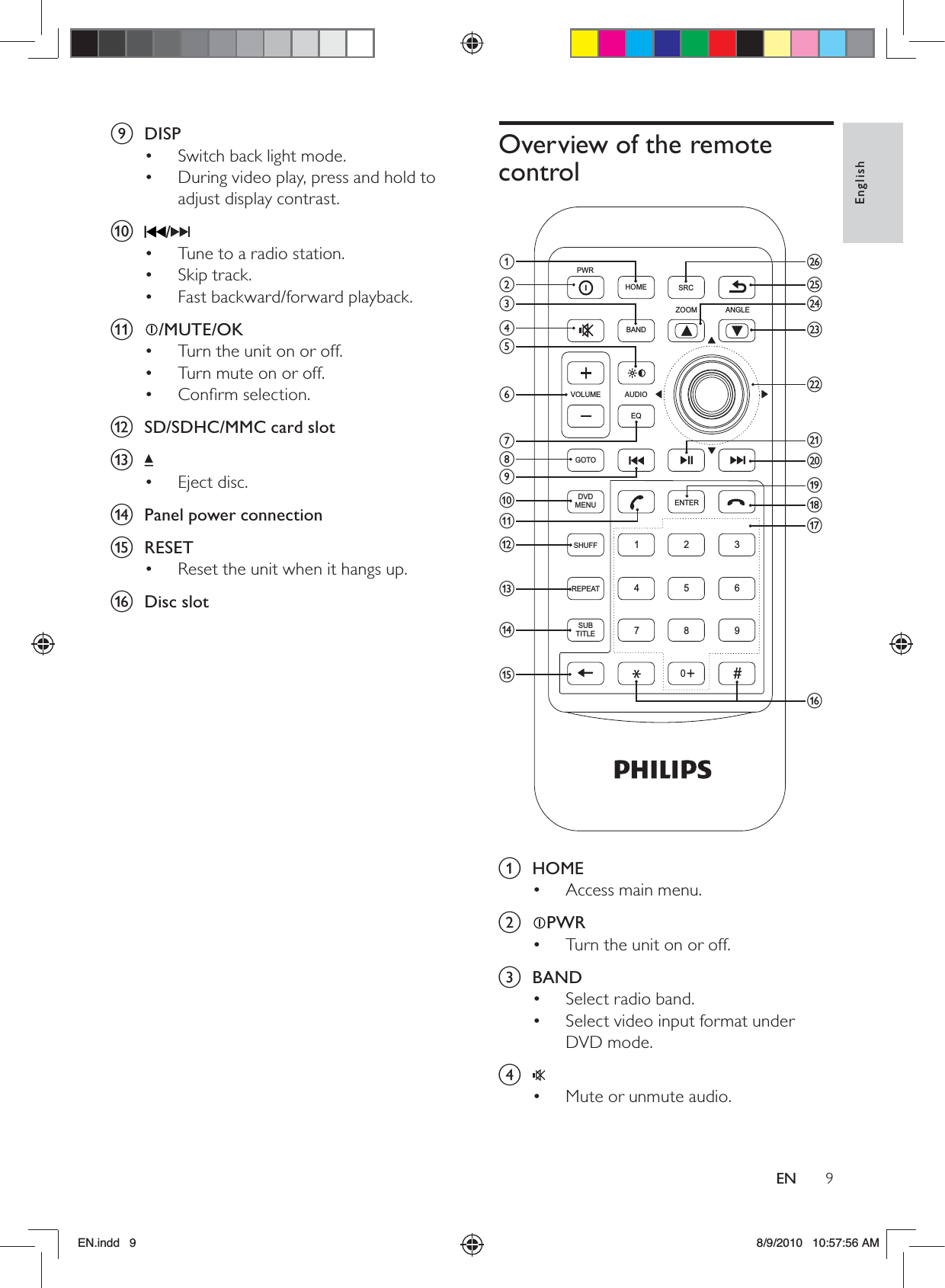 9EnglishENOverview of the remote control a HOMEAccess main menu.• b PWRTurn the unit on or off.• c BANDSelect radio band.• Select video input format under • DVD mode.d Mute or unmute audio.• abcdefghijklmnozyxwvutsrqpPWRVOLUMEHOMEBANDEQ1472580369AUDIOGOTOSHUFFENTERSRCZOOM ANGLEREPEATDVD MENUSUB TITLEi DISPSwitch back light mode. • During video play, press and hold to • adjust display contrast. j /Tune to a radio station.• Skip track.• Fast backward/forward playback.• k /MUTE/OKTurn the unit on or off.• Turn mute on or off.• Conﬁrm selection.• l  SD/SDHC/MMC card slot m Eject disc.• n  Panel power connectiono RESETReset the unit when it hangs up.• p Disc slotEN.indd   9 8/9/2010   10:57:56 AM