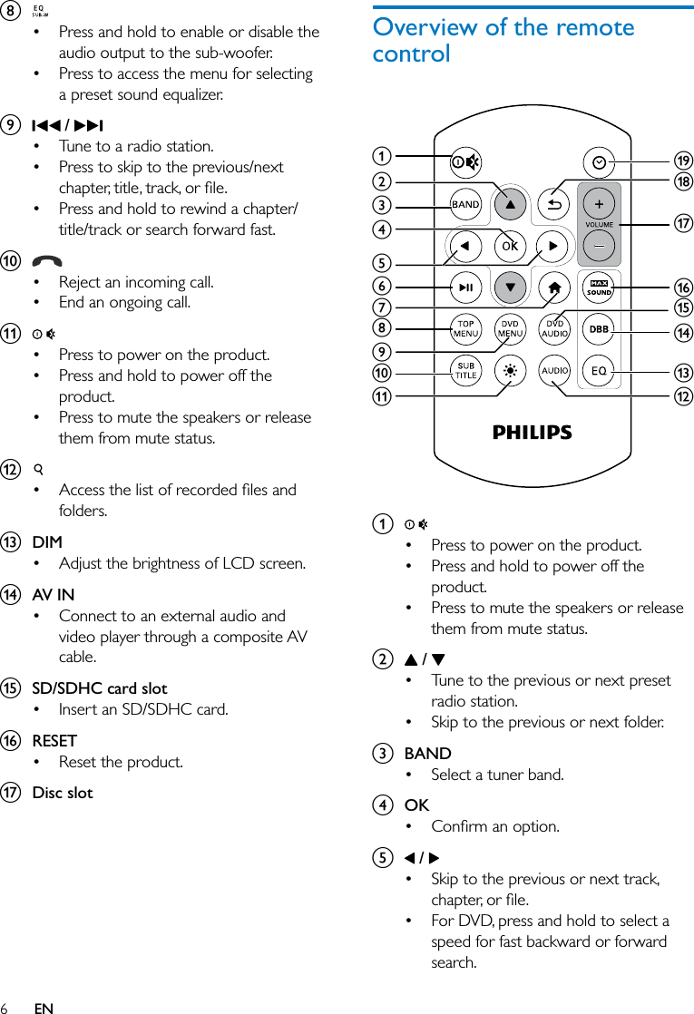 6ENh  Press and hold to enable or disable the audio output to the sub-woofer. Press to access the menu for selecting a preset sound equalizer.i   /  Tune to a radio station. Press to skip to the previous/next  Press and hold to rewind a chapter/title/track or search forward fast.j  Reject an incoming call. End an ongoing call.k  Press to power on the product. Press and hold to power off the product. Press to mute the speakers or release them from mute status.l  folders.m  DIM Adjust the brightness of LCD screen.n  AV IN Connect to an external audio and video player through a composite AV cable.o  SD/SDHC card slot Insert an SD/SDHC card.p  RESET Reset the product.q  Disc slotOverview of the remote control a  Press to power on the product. Press and hold to power off the product. Press to mute the speakers or release them from mute status.b   /  Tune to the previous or next preset radio station. Skip to the previous or next folder.c  BAND Select a tuner band.d  OK e   /  Skip to the previous or next track,  For DVD, press and hold to select a speed for fast backward or forward search.abcdefghijklmnpoqsr