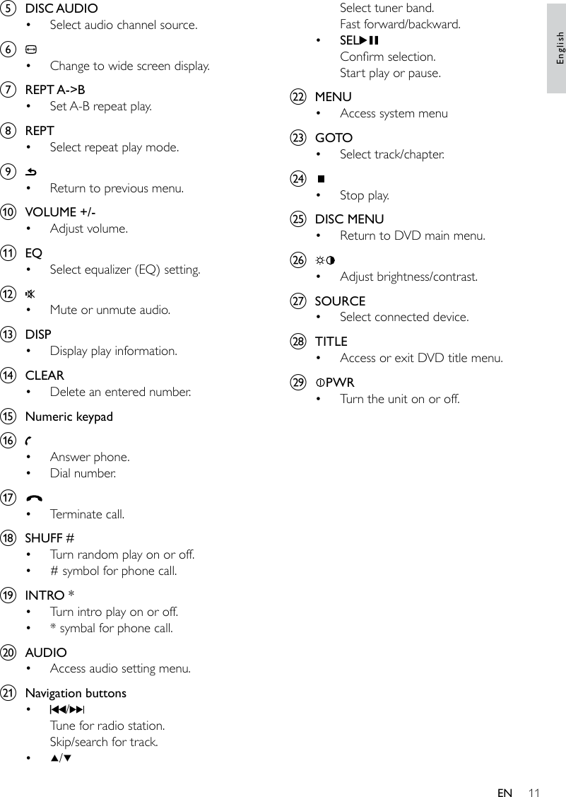 11Select tuner band.Fast forward/backward. SELConrm selection.Start play or pause.v  MENUAccess system menuw  GOTOSelect track/chapter.x Stop play.y  DISC MENUReturn to DVD main menu.z Adjust brightness/contrast.{  SOURCESelect connected device.|  TITLEAccess or exit DVD title menu.}  PWRTurn the unit on or off.•••••••••e  DISC AUDIOSelect audio channel source.f Change to wide screen display.g  REPT A-&gt;BSet A-B repeat play.h  REPTSelect repeat play mode.i Return to previous menu.j  VOLUME +/-Adjust volume.k  EQSelect equalizer (EQ) setting.l Mute or unmute audio.m  DISPDisplay play information. n  CLEARDelete an entered number.o  Numeric keypadp Answer phone.Dial number.q Terminate call.r  SHUFF #Turn random play on or off.# symbol for phone call.s  INTRO *Turn intro play on or off.* symbal for phone call.t  AUDIOAccess audio setting menu.u  Navigation buttons/Tune for radio station.Skip/search for track./••••••••••••••••••••EnglishEN