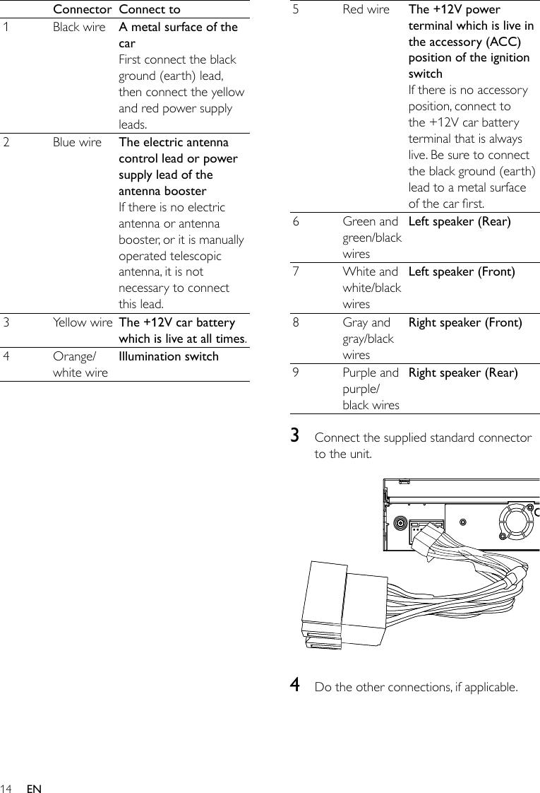 145 Red wire The +12V power terminal which is live in the accessory (ACC) position of the ignition switchIf there is no accessory position, connect to the +12V car battery terminal that is always live. Be sure to connect the black ground (earth) lead to a metal surface of the car rst.6 Green and green/black wiresLeft speaker (Rear)7 White and white/black wiresLeft speaker (Front)8 Gray and gray/black wires Right speaker (Front)9 Purple and purple/black wiresRight speaker (Rear)3  Connect the supplied standard connector to the unit.  4  Do the other connections, if applicable.Connector Connect to1 Black wire A metal surface of the carFirst connect the black ground (earth) lead, then connect the yellow and red power supply leads.2 Blue wire The electric antenna control lead or power supply lead of the antenna boosterIf there is no electric antenna or antenna booster, or it is manually operated telescopic antenna, it is not necessary to connect this lead.3 Yellow wire The +12V car battery which is live at all times.4 Orange/white wireIllumination switchEN