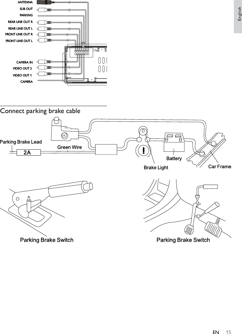 15  Connect parking brake cable     FRONT LINE OUT LFRONT LINE OUT RREAR LINE OUT LREAR LINE OUT RPARKINGSUB OUTANTENNACAMERAVIDEO OUT 1 VIDEO OUT 2 CAMERA INFRONT LINE OUT LFRONT LINE OUT RREAR LINE OUT LREAR LINE OUT RPARKINGSUB OUTANTENNACAMERAVIDEO OUT 1 VIDEO OUT 2 CAMERA INEnglishEN