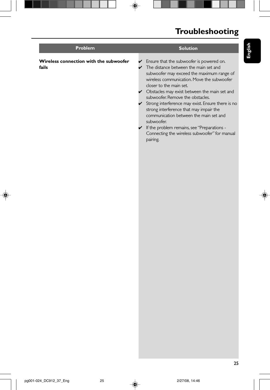 English25Wireless connection with the subwooferfails✔Ensure that the subwoofer is powered on.✔The distance between the main set andsubwoofer may exceed the maximum range ofwireless communication. Move the subwoofercloser to the main set.✔Obstacles may exist between the main set andsubwoofer. Remove the obstacles.✔Strong interference may exist. Ensure there is nostrong interference that may impair thecommunication between the main set andsubwoofer.✔If the problem remains, see “Preparations -Connecting the wireless subwoofer” for manualpairing.Problem SolutionTr oubleshootingpg001-024_DC912_37_Eng 2/27/08, 14:4625