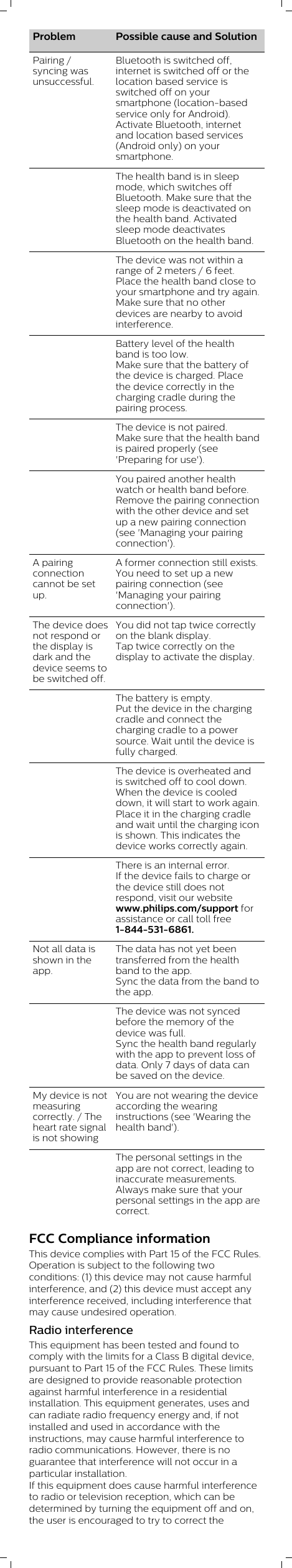 Problem Possible cause and SolutionPairing /syncing wasunsuccessful.Bluetooth is switched off,internet is switched off or thelocation based service isswitched off on yoursmartphone (location-basedservice only for Android).Activate Bluetooth, internetand location based services(Android only) on yoursmartphone.The health band is in sleepmode, which switches offBluetooth. Make sure that thesleep mode is deactivated onthe health band. Activatedsleep mode deactivatesBluetooth on the health band.The device was not within arange of 2 meters / 6 feet.Place the health band close toyour smartphone and try again.Make sure that no otherdevices are nearby to avoidinterference.Battery level of the healthband is too low.Make sure that the battery ofthe device is charged. Placethe device correctly in thecharging cradle during thepairing process.The device is not paired.Make sure that the health bandis paired properly (see&apos;Preparing for use&apos;).You paired another healthwatch or health band before.Remove the pairing connectionwith the other device and setup a new pairing connection(see &apos;Managing your pairingconnection&apos;).A pairingconnectioncannot be setup.A former connection still exists.You need to set up a newpairing connection (see&apos;Managing your pairingconnection&apos;).The device doesnot respond orthe display isdark and thedevice seems tobe switched off.You did not tap twice correctlyon the blank display.Tap twice correctly on thedisplay to activate the display.The battery is empty.Put the device in the chargingcradle and connect thecharging cradle to a powersource. Wait until the device isfully charged.The device is overheated andis switched off to cool down.When the device is cooleddown, it will start to work again.Place it in the charging cradleand wait until the charging iconis shown. This indicates thedevice works correctly again.There is an internal error.If the device fails to charge orthe device still does notrespond, visit our websitewww.philips.com/support forassistance or call toll free1-844-531-6861.Not all data isshown in theapp.The data has not yet beentransferred from the healthband to the app.Sync the data from the band tothe app. The device was not syncedbefore the memory of thedevice was full.Sync the health band regularlywith the app to prevent loss ofdata. Only 7 days of data canbe saved on the device.My device is notmeasuringcorrectly. / Theheart rate signalis not showingYou are not wearing the deviceaccording the wearinginstructions (see &apos;Wearing thehealth band&apos;).The personal settings in theapp are not correct, leading toinaccurate measurements.Always make sure that yourpersonal settings in the app arecorrect. FCC Compliance informationThis device complies with Part 15 of the FCC Rules.Operation is subject to the following twoconditions: (1) this device may not cause harmfulinterference, and (2) this device must accept anyinterference received, including interference thatmay cause undesired operation.Radio interferenceThis equipment has been tested and found tocomply with the limits for a Class B digital device,pursuant to Part 15 of the FCC Rules. These limitsare designed to provide reasonable protectionagainst harmful interference in a residentialinstallation. This equipment generates, uses andcan radiate radio frequency energy and, if notinstalled and used in accordance with theinstructions, may cause harmful interference toradio communications. However, there is noguarantee that interference will not occur in aparticular installation.If this equipment does cause harmful interferenceto radio or television reception, which can bedetermined by turning the equipment off and on,the user is encouraged to try to correct the