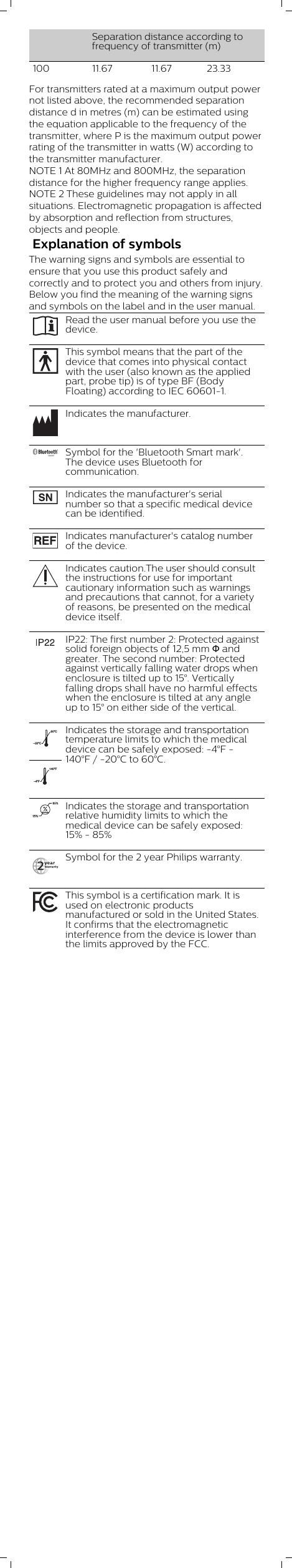   Separation distance according tofrequency of transmitter (m)100 11.67 11.67 23.33For transmitters rated at a maximum output powernot listed above, the recommended separationdistance d in metres (m) can be estimated usingthe equation applicable to the frequency of thetransmitter, where P is the maximum output powerrating of the transmitter in watts (W) according tothe transmitter manufacturer.NOTE 1 At 80MHz and 800MHz, the separationdistance for the higher frequency range applies.NOTE 2 These guidelines may not apply in allsituations. Electromagnetic propagation is affectedby absorption and reflection from structures,objects and people. Explanation of symbolsThe warning signs and symbols are essential toensure that you use this product safely andcorrectly and to protect you and others from injury.Below you find the meaning of the warning signsand symbols on the label and in the user manual.Read the user manual before you use thedevice.This symbol means that the part of thedevice that comes into physical contactwith the user (also known as the appliedpart, probe tip) is of type BF (BodyFloating) according to IEC 60601-1.Indicates the manufacturer.Symbol for the &apos;Bluetooth Smart mark&apos;.The device uses Bluetooth forcommunication.Indicates the manufacturer&apos;s serialnumber so that a specific medical devicecan be identified.Indicates manufacturer&apos;s catalog numberof the device.Indicates caution.The user should consultthe instructions for use for importantcautionary information such as warningsand precautions that cannot, for a varietyof reasons, be presented on the medicaldevice itself.IP22: The first number 2: Protected againstsolid foreign objects of 12,5 mm Ф andgreater. The second number: Protectedagainst vertically falling water drops whenenclosure is tilted up to 15°. Verticallyfalling drops shall have no harmful effectswhen the enclosure is tilted at any angleup to 15° on either side of the vertical.–20ºC60ºC–4ºF140ºFIndicates the storage and transportationtemperature limits to which the medicaldevice can be safely exposed: -4°F -140°F / -20°C to 60°C.Indicates the storage and transportationrelative humidity limits to which themedical device can be safely exposed:15% - 85%Symbol for the 2 year Philips warranty.This symbol is a certification mark. It isused on electronic productsmanufactured or sold in the United States.It confirms that the electromagneticinterference from the device is lower thanthe limits approved by the FCC.