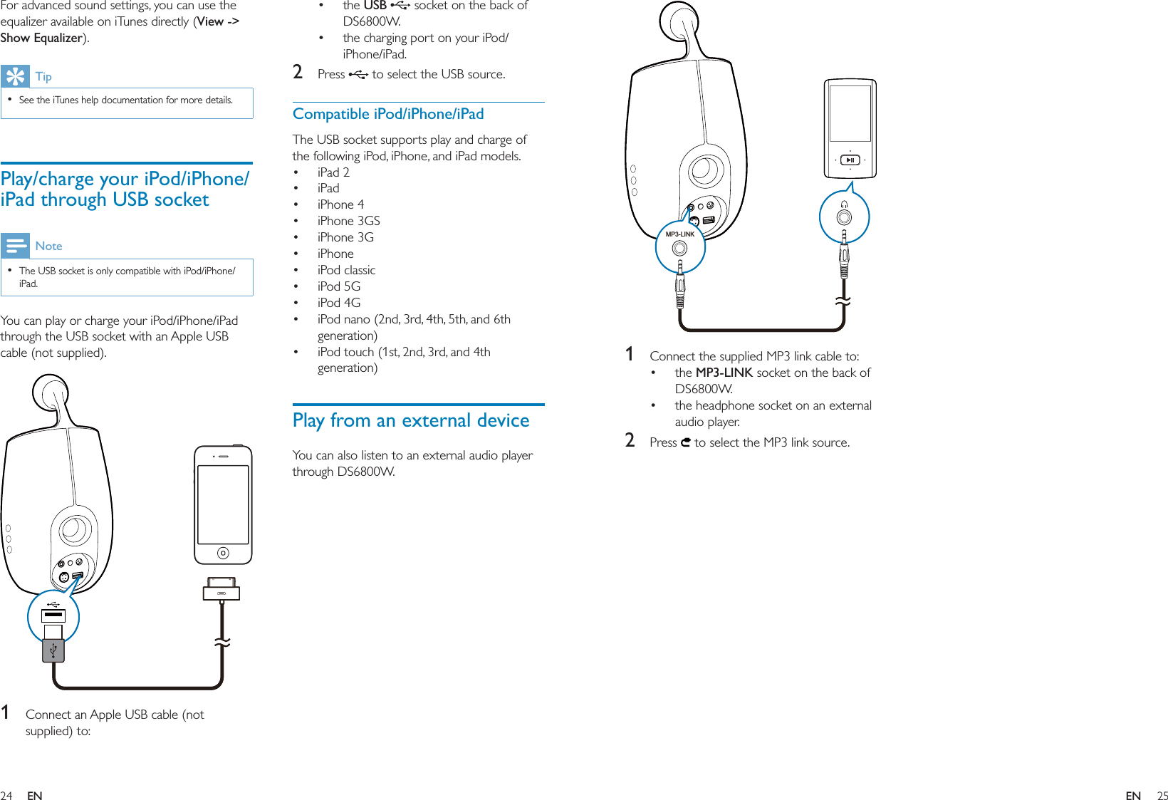 24 25the USB   socket on the back of DS6800W.the charging port on your iPod/iPhone/iPad. 2 Press   to select the USB source.Compatible iPod/iPhone/iPadThe USB socket supports play and charge of the following iPod, iPhone, and iPad models.iPad 2iPadiPhone 4iPhone 3GSiPhone 3GiPhone iPod classic iPod 5G iPod 4G iPod nano (2nd, 3rd, 4th, 5th, and 6th generation) iPod touch (1st, 2nd, 3rd, and 4th generation)Play from an external deviceYou can also listen to an external audio player through DS6800W.•••••••••••••For advanced sound settings, you can use the equalizer available on iTunes directly (View -&gt; Show Equalizer). TipSee the iTunes help documentation for more details.•Play/charge your iPod/iPhone/iPad through USB socketNoteThe USB socket is only compatible with iPod/iPhone/iPad.•You can play or charge your iPod/iPhone/iPad through the USB socket with an Apple USB cable (not supplied).  1  Connect an Apple USB cable (not supplied) to:  1  Connect the supplied MP3 link cable to:the MP3-LINK socket on the back of DS6800W.the headphone socket on an external audio player.2 Press  to select the MP3 link source.••MP3-LINKMP3-LINKEN EN