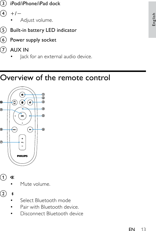 13c  iPod/iPhone/iPad dockd  /Adjust volume. e  Built-in battery LED indicatorf  Power supply socketg  AUX INJack for an external audio device.Overview of the remote control a Mute volume.b Select Bluetooth modePair with Bluetooth device.Disconnect Bluetooth device••••••jhgiafecbdjhgiafecbdEnglishEN