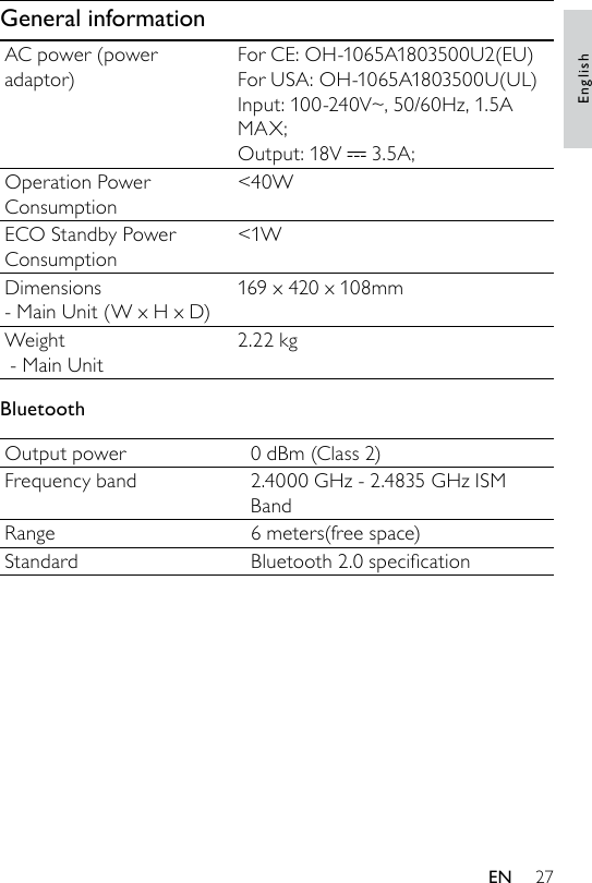 27General informationAC power (power adaptor)For CE: OH-1065A1803500U2(EU)For USA: OH-1065A1803500U(UL)Input: 100-240V~, 50/60Hz, 1.5A MAX; Output: 18V   3.5A;Operation Power Consumption&lt;40WECO Standby Power Consumption&lt;1WDimensions - Main Unit (W x H x D)169 x 420 x 108mmWeight - Main Unit2.22 kgBluetoothOutput power 0 dBm (Class 2)Frequency band 2.4000 GHz - 2.4835 GHz ISM BandRange 6 meters(free space)Standard Bluetooth2.0specicationEnglishEN