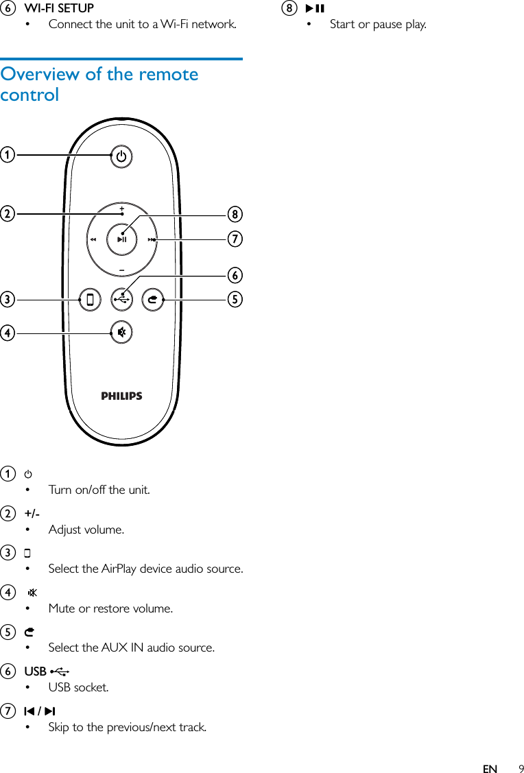 9h Start or pause play.•f WI-FI SETUPConnect the unit to a Wi-Fi network.Overview of the remote control a Turn on/off the unit.b +/-Adjust volume.c Select the AirPlay device audio source.d  Mute or restore volume.e Select the AUX IN audio source. f USB USB socket.g  / Skip to the previous/next track.••••••••hcdgefbahcdgefbaEN