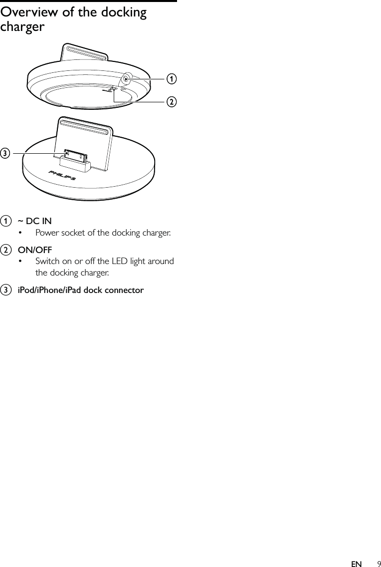 9Overview of the docking charger a  ~ DC INPower socket of the docking charger. b ON/OFFSwitch on or off the LED light around the docking charger.c  iPod/iPhone/iPad dock connector••abcabcEN