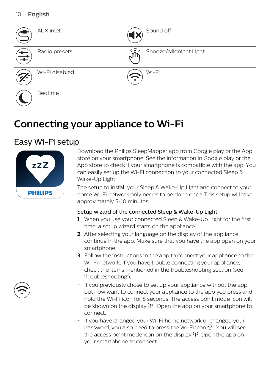 AUX inlet Sound off Radio presets Snooze/Midnight LightWi-Fi disabled Wi-FiBedtimeConnecting your appliance to Wi-FiEasy Wi-Fi setupDownload the Philips SleepMapper app from Google play or the Appstore on your smartphone. See the information in Google play or theApp store to check if your smartphone is compatible with the app. Youcan easily set up the Wi-Fi connection to your connected Sleep &amp;Wake-Up Light. The setup to install your Sleep &amp; Wake-Up Light and connect to yourhome Wi-Fi network only needs to be done once. This setup will takeapproximately 5-10 minutes.Setup wizard of the connected Sleep &amp; Wake-Up Light1When you use your connected Sleep &amp; Wake-Up Light for the firsttime, a setup wizard starts on the appliance.2After selecting your language on the display of the appliance,continue in the app. Make sure that you have the app open on yoursmartphone.3Follow the instructions in the app to connect your appliance to theWi-Fi network. If you have trouble connecting your appliance,check the items mentioned in the troubleshooting section (see&apos;Troubleshooting&apos;).-If you previously chose to set up your appliance without the app,but now want to connect your appliance to the app you press andhold the Wi-Fi icon for 8 seconds. The access point mode icon willbe shown on the display   . Open the app on your smartphone toconnect. -If you have changed your Wi-Fi home network or changed yourpassword, you also need to press the Wi-Fi icon   . You will seethe access point mode icon on the display   .Open the app onyour smartphone to connect.10 English