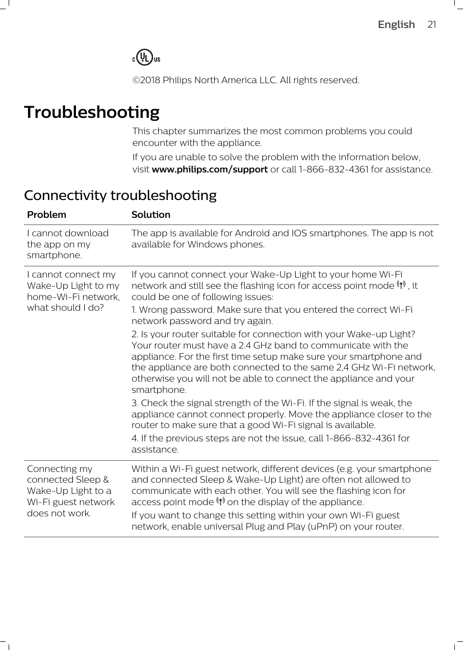 ©2018 Philips North America LLC. All rights reserved.TroubleshootingThis chapter summarizes the most common problems you couldencounter with the appliance. If you are unable to solve the problem with the information below,visit www.philips.com/support or call 1-866-832-4361 for assistance.Connectivity troubleshootingProblem SolutionI cannot downloadthe app on mysmartphone.The app is available for Android and IOS smartphones. The app is notavailable for Windows phones. I cannot connect myWake-Up Light to myhome-Wi-Fi network,what should I do?If you cannot connect your Wake-Up Light to your home Wi-Finetwork and still see the flashing icon for access point mode   , itcould be one of following issues: 1. Wrong password. Make sure that you entered the correct Wi-Finetwork password and try again.2. Is your router suitable for connection with your Wake-up Light?Your router must have a 2.4 GHz band to communicate with theappliance. For the first time setup make sure your smartphone andthe appliance are both connected to the same 2,4 GHz Wi-Fi network,otherwise you will not be able to connect the appliance and yoursmartphone.3. Check the signal strength of the Wi-Fi. If the signal is weak, theappliance cannot connect properly. Move the appliance closer to therouter to make sure that a good Wi-Fi signal is available.4. If the previous steps are not the issue, call 1-866-832-4361 forassistance. Connecting myconnected Sleep &amp;Wake-Up Light to aWi-Fi guest networkdoes not work.Within a Wi-Fi guest network, different devices (e.g. your smartphoneand connected Sleep &amp; Wake-Up Light) are often not allowed tocommunicate with each other. You will see the flashing icon foraccess point mode   on the display of the appliance. If you want to change this setting within your own Wi-Fi guestnetwork, enable universal Plug and Play (uPnP) on your router. 21English